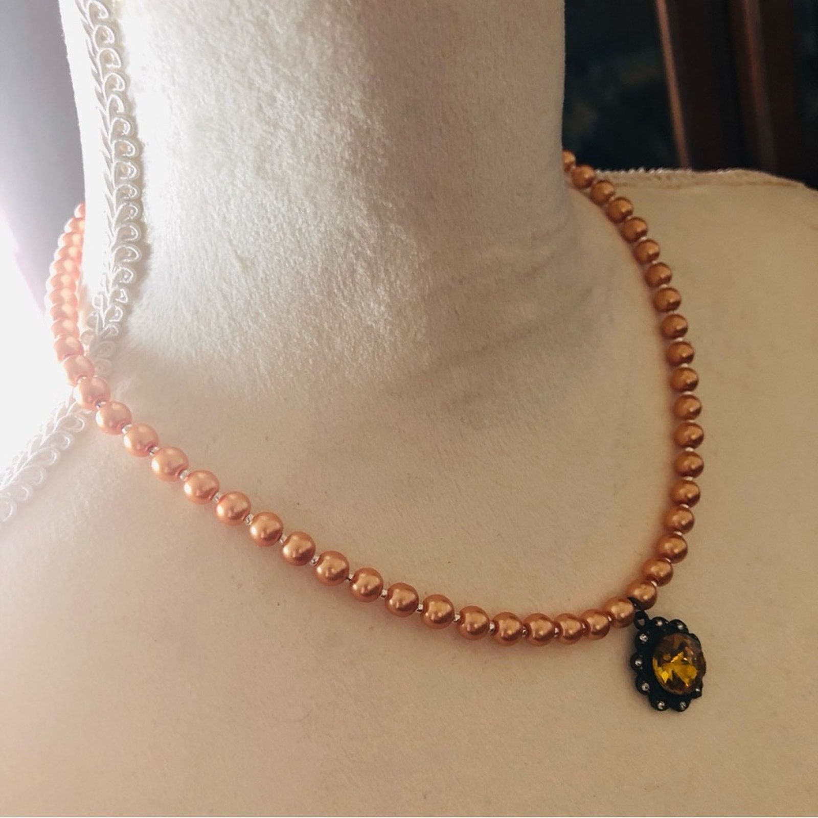 Handmade Handcrafted repurpose amber rivoli halo Pearl necklace Size ONE SIZE - 3 Thumbnail