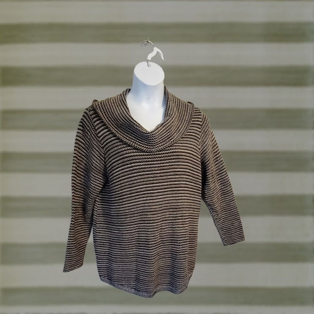 Avenue Avenue Striped Knit Tunic Cowl Neck Sweater Boho 20 Plus Black Beige Cotton Knit Womens Sweater Tunic Bohemian Size 3XL / US 20-22 - 1 Thumbnail