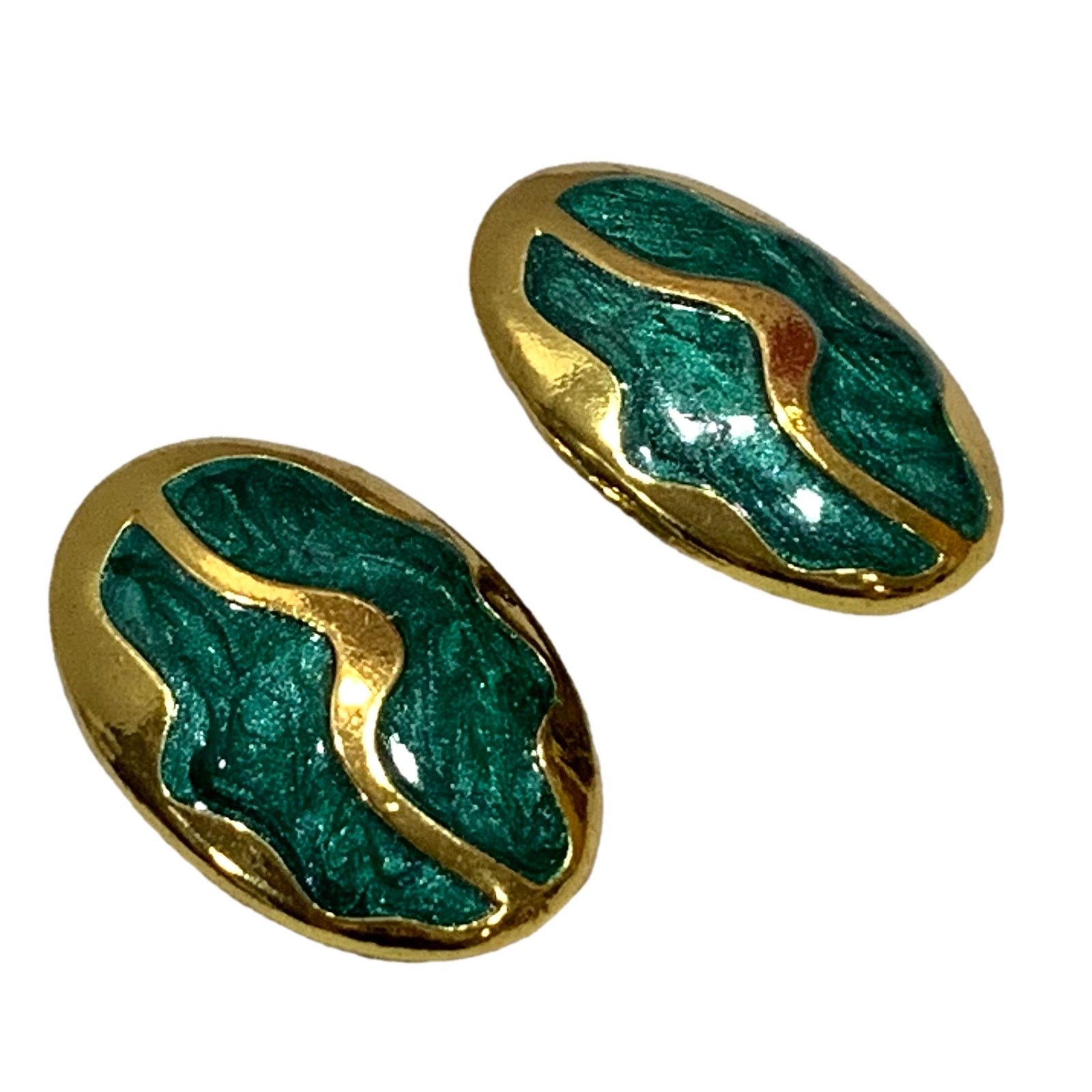 Jewelry × Vintage Vintage 80s Large Oval Gold & Green Enamel Swirl Earrings Size ONE SIZE - 4 Thumbnail