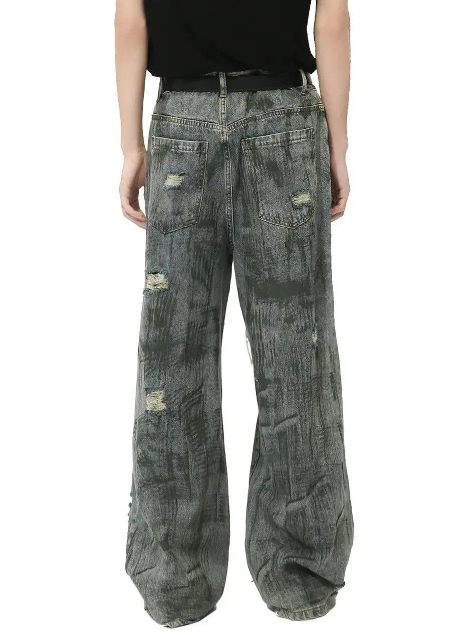 Japanese Brand Retro loose straight leg patchwork ripped jeans Size US 33 - 4 Thumbnail