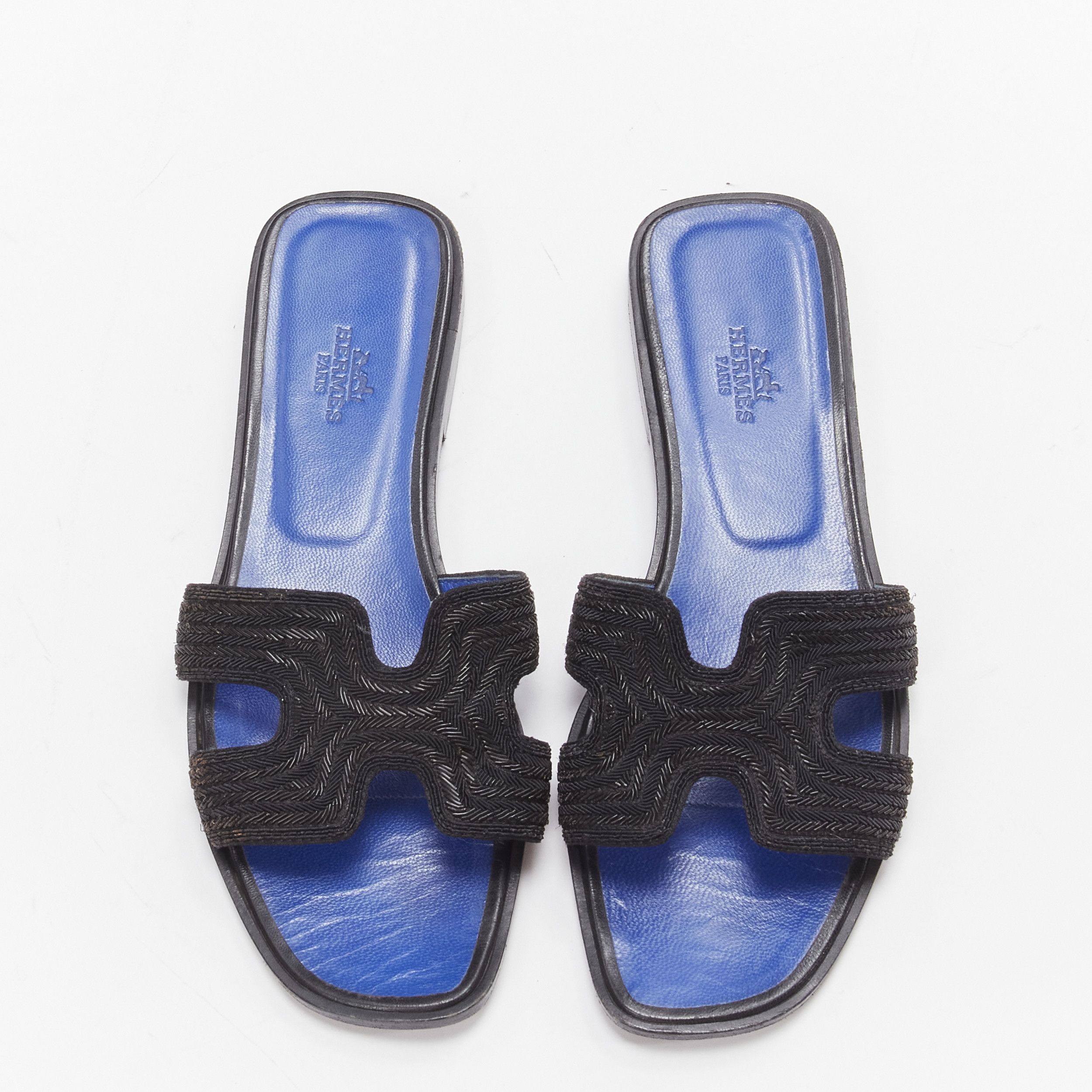Hermes HERMES Oran H logo iconic black beaded blue insole sandals shoes EU 37 Size US 7 / IT 37 - 1 Thumbnail