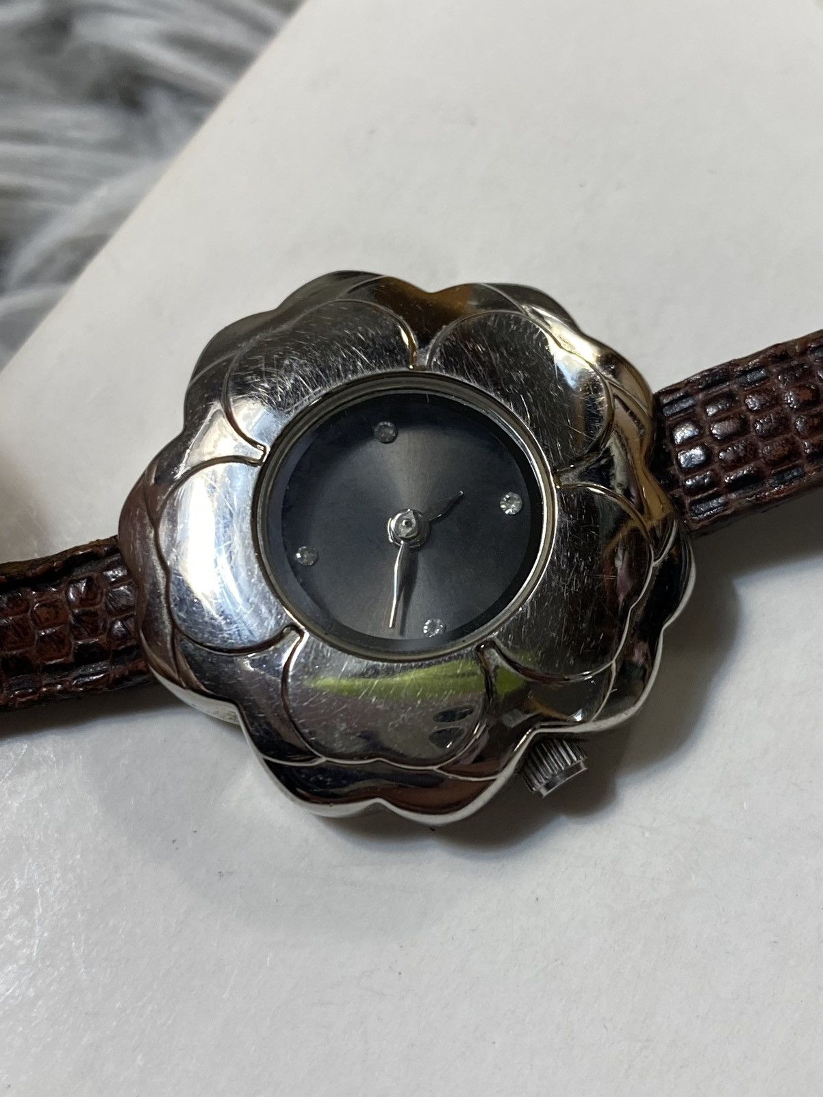 Jewelry Floral Silver Watch with Brown Strap - Japanese Brand Size ONE SIZE - 8 Thumbnail