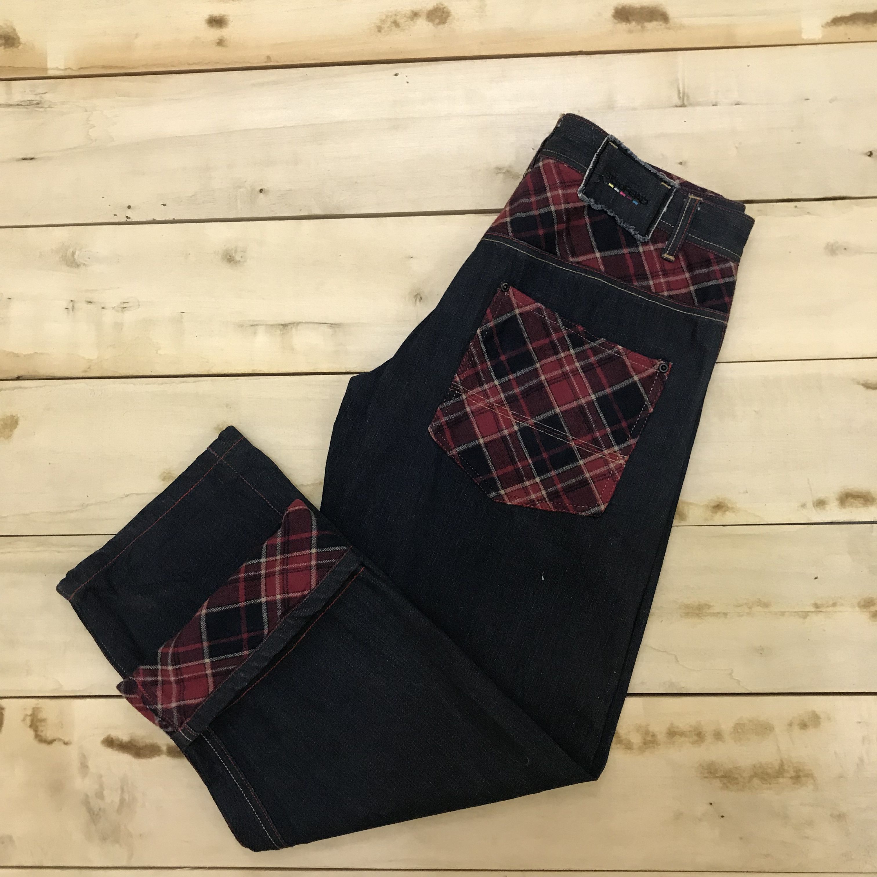 Japanese Brand X197 NEED GONE! BAGGY ZIPPER HYBRID TARTAN AND DENIM JEANS Size US 35 - 5 Thumbnail