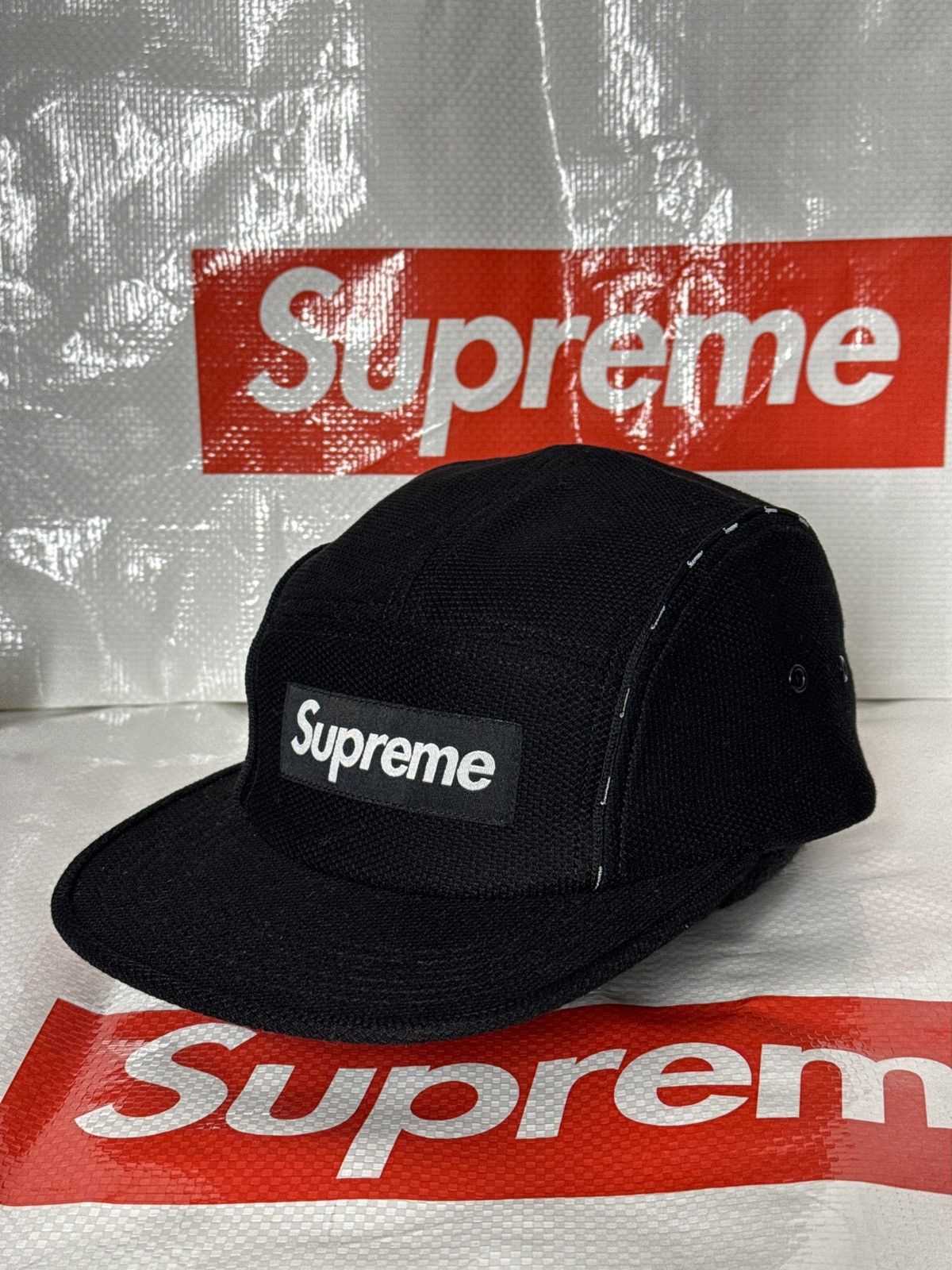 image of Supreme Pique Piping Camp Cap Ss 19 in Black, Men's
