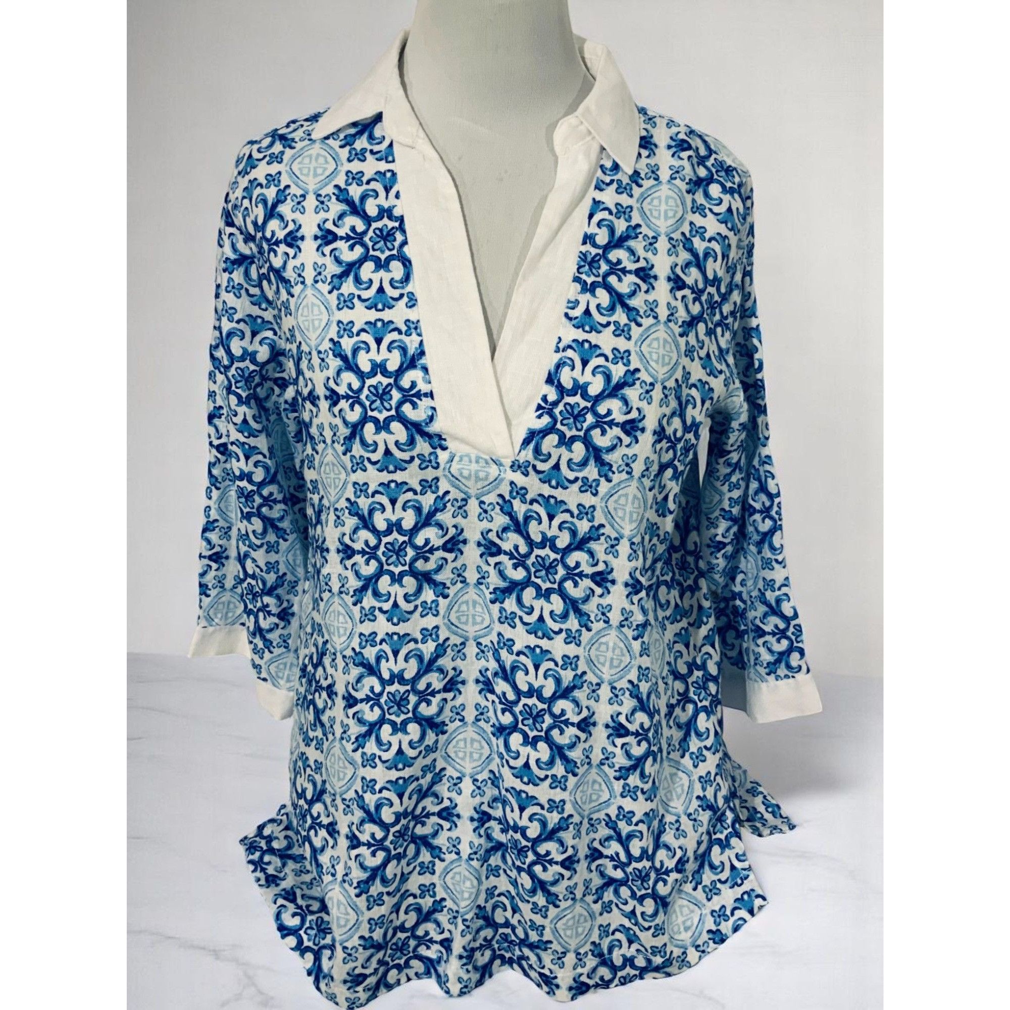 Isaac Mizrahi Isaac Mizrahi Blue White Quarter Sleeve Linen Top Small Size S / US 4 / IT 40 - 2 Thumbnail