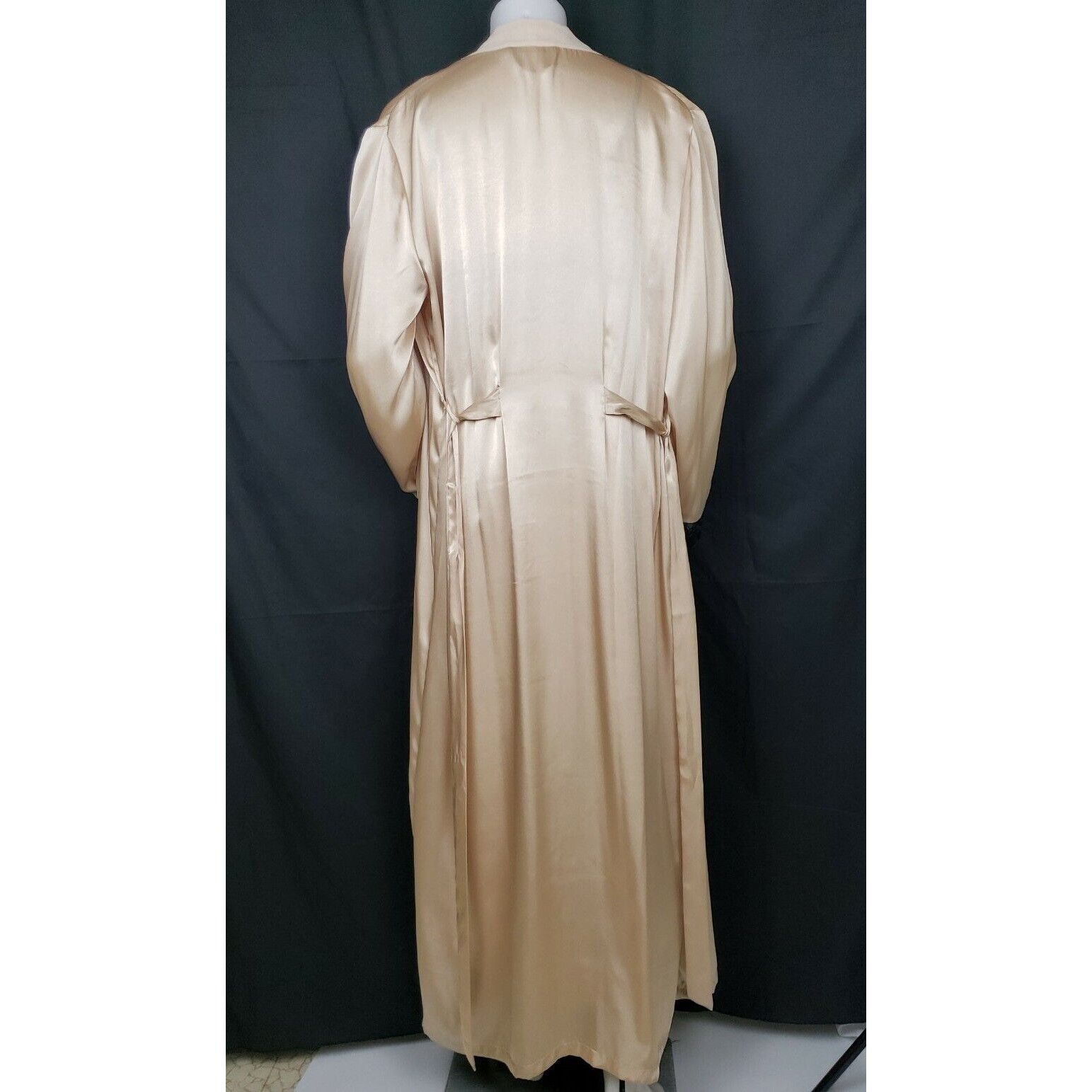 Vintage Champagne Satin Peignoir Set S/M Long Sheer Nightgown Gown V Size ONE SIZE - 4 Thumbnail