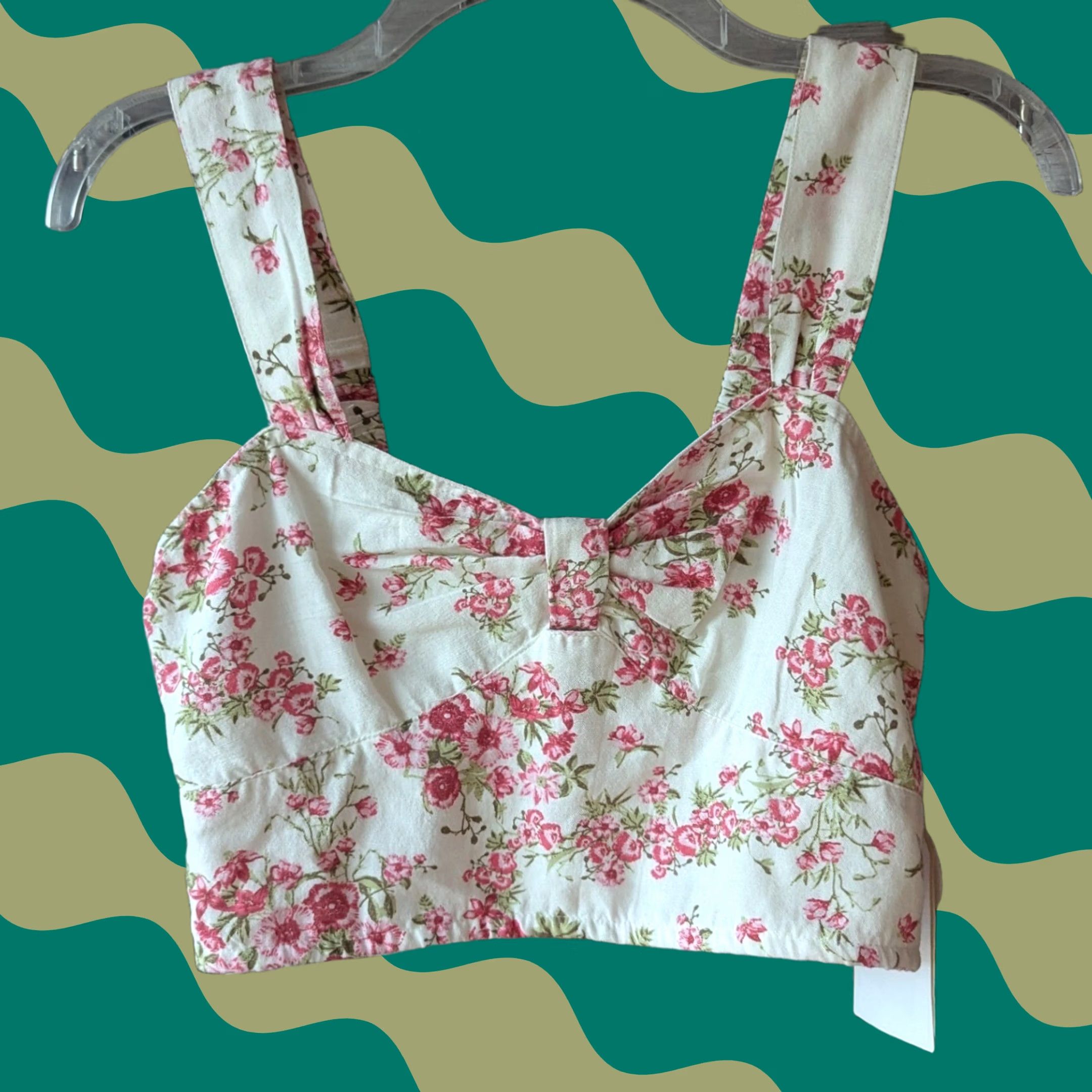 Vintage Midnight Sky Sleeveless Crop Top Womens M White Pink Floral Smocked Linen Blend Tank Cropped Shabby Chic Size M / US 6-8 / IT 42-44 - 1 Thumbnail
