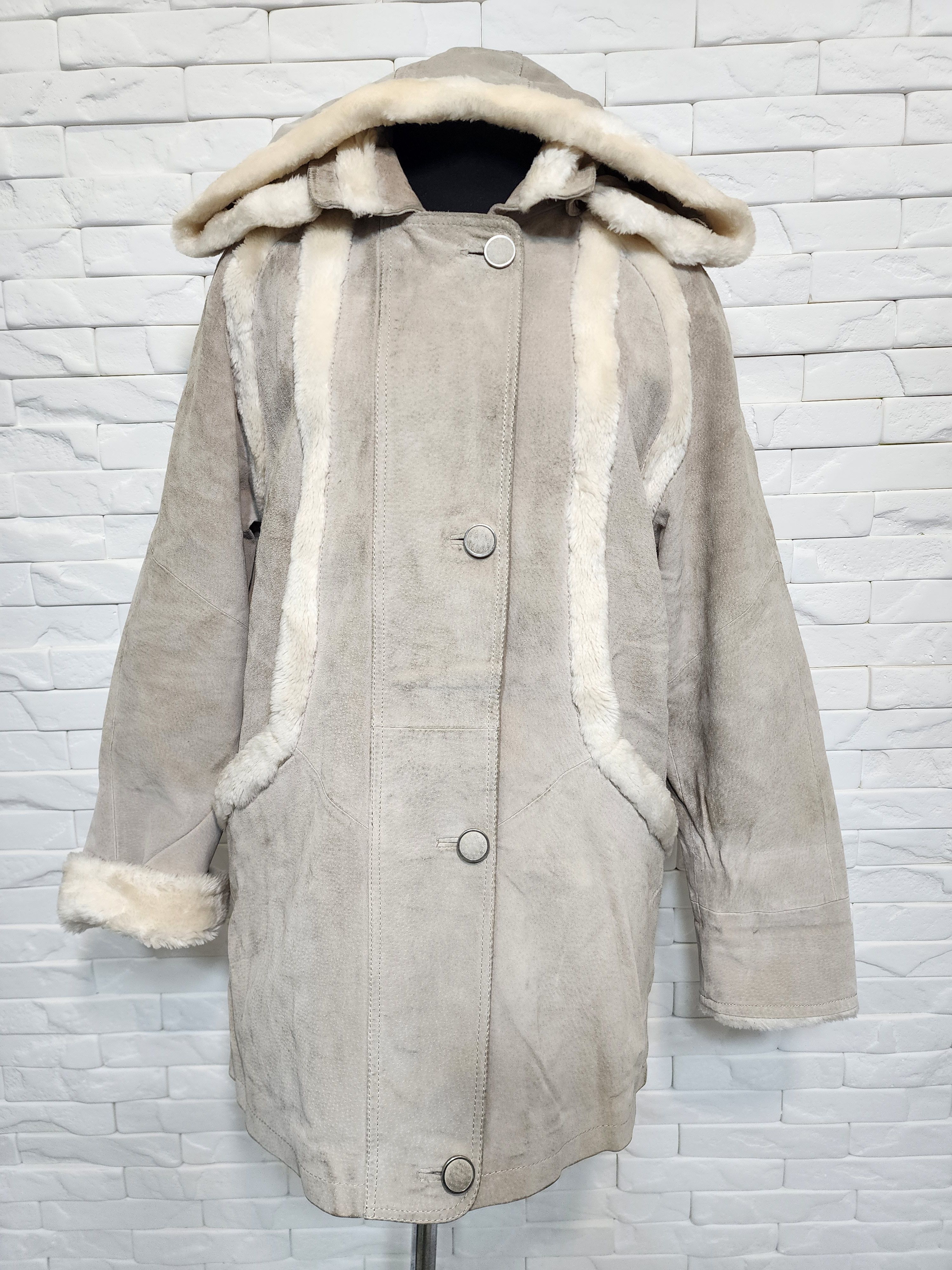 Genuine Leather Suede Hooded Jacket: Gray Leather Toggle Coat Size XL / US 12-14 / IT 48-50 - 1 Thumbnail
