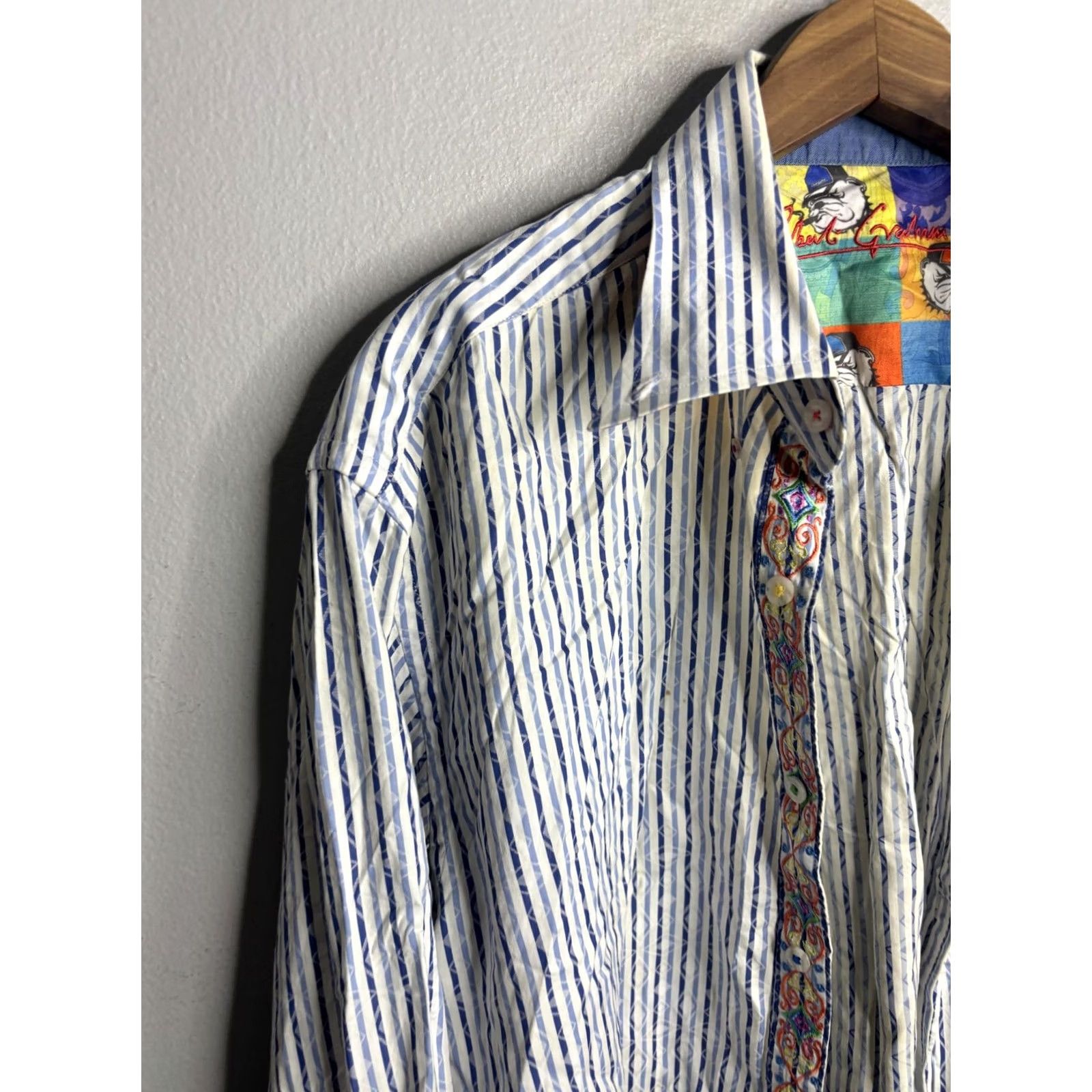 Robert Graham Robert Graham Shirt Mens XL Blue White Stripe Embroidered Bulldog Size US XL / EU 56 / 4 - 2 Thumbnail