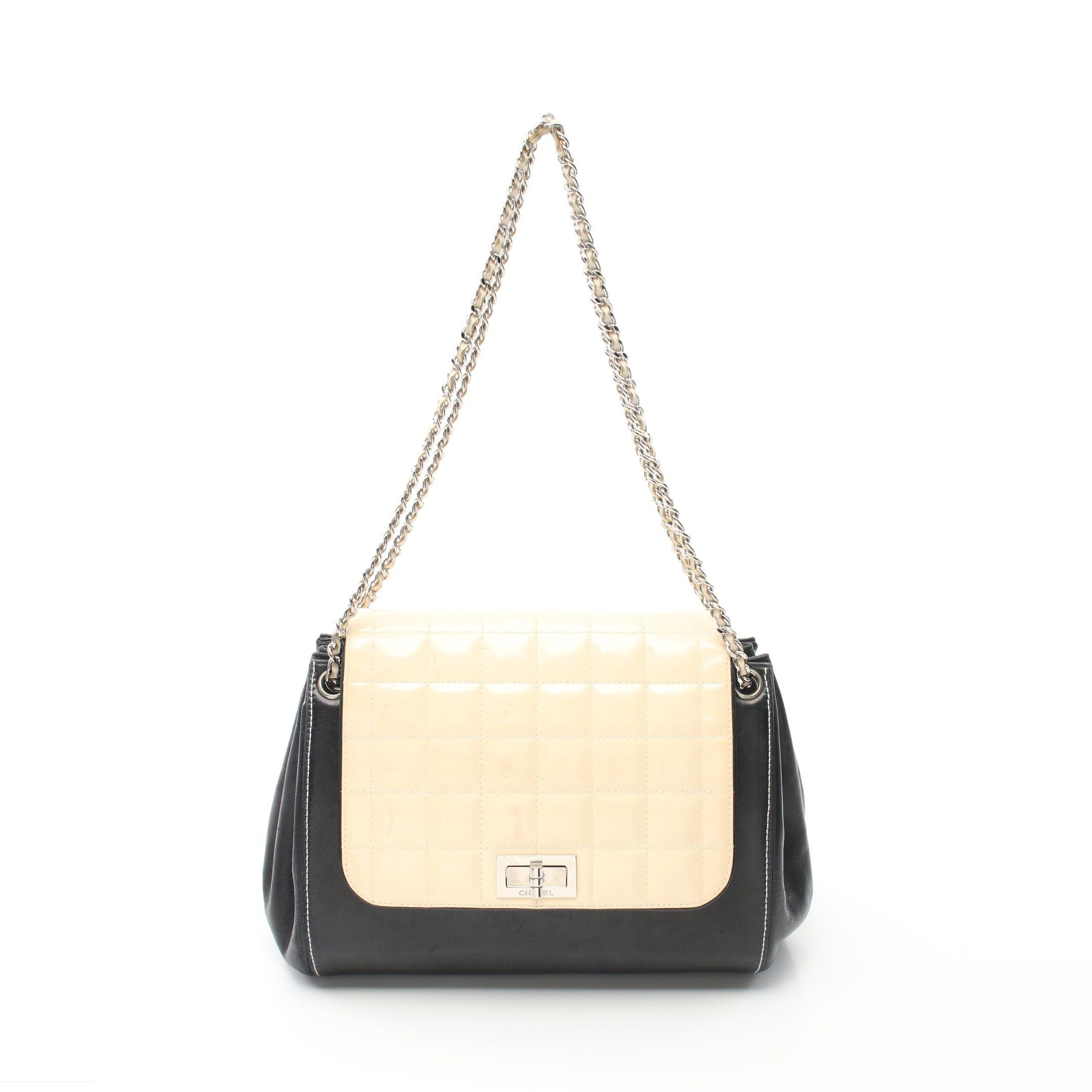 Chanel Chanel 2.55 Chocolate Bar Double Chain Shoulder Bag Lambskin Patent Leather Black Light Beige Silver Hardware Size ONE SIZE - 1 Thumbnail
