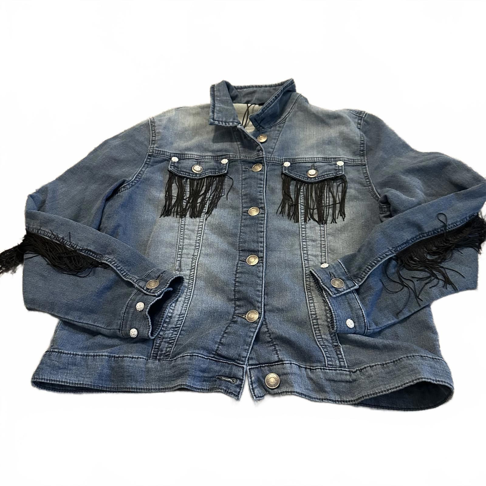 Designer Stylish Denim Jacket with Fringe Accents Size L / US 10 / IT 46 - 1 Thumbnail