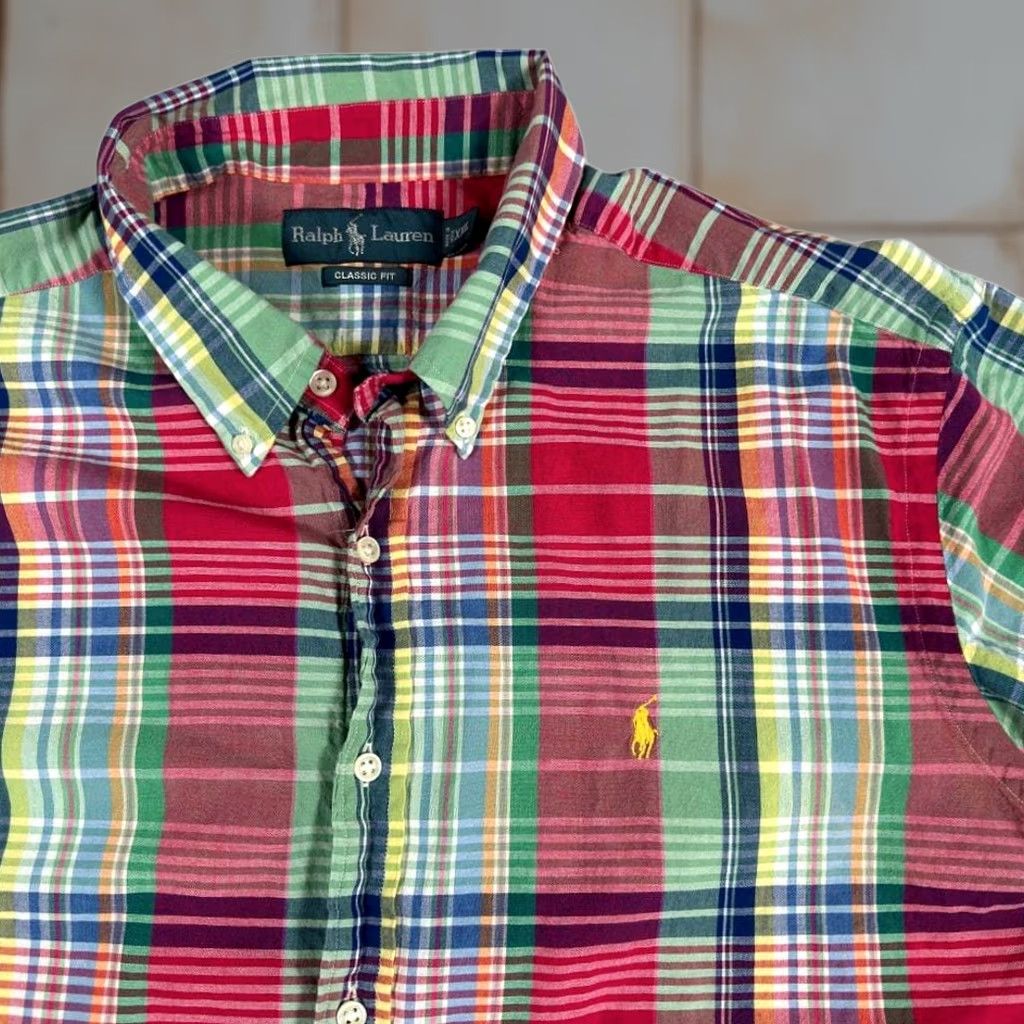 Ralph Lauren VINTAGE Ralph Lauren Shirt Adult 2XL Plaid Madras Pink Green Blue 90s Button-Up Short Sleeve Casual Mens Size US XXL / EU 58 / 5 - 1 Thumbnail