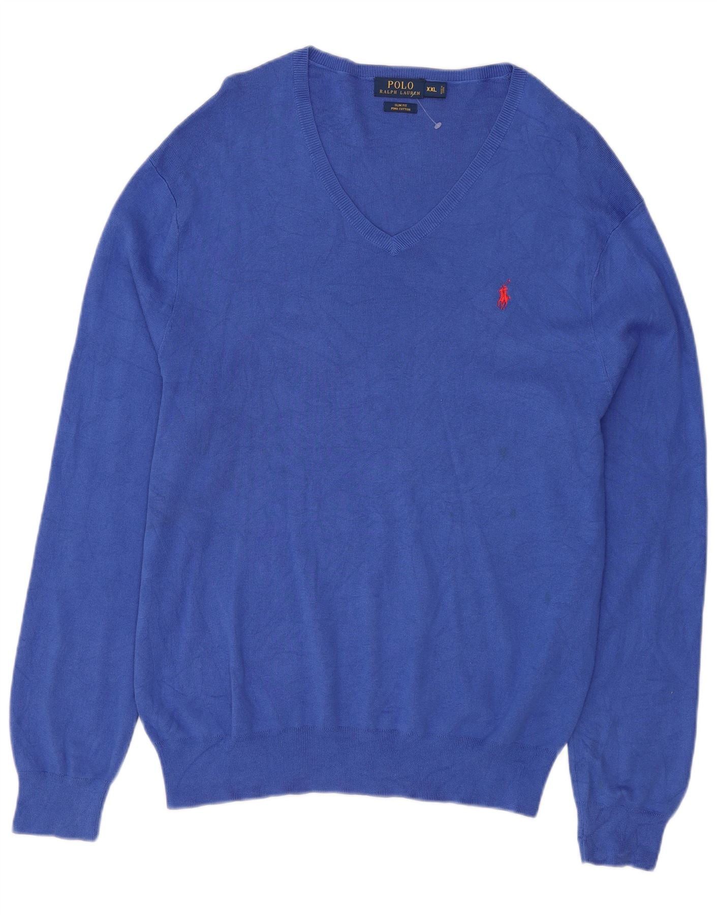 Polo Ralph Lauren Mens Slim Fit V-Neck Jumper Sweater 2XL Blue Cotton Size US XXL / EU 58 / 5 - 1 Thumbnail