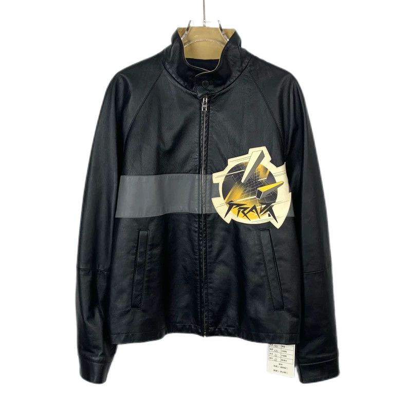 Prada Prada Black Logo Printed Zipper Leather Jacket 2501-Nextarr 