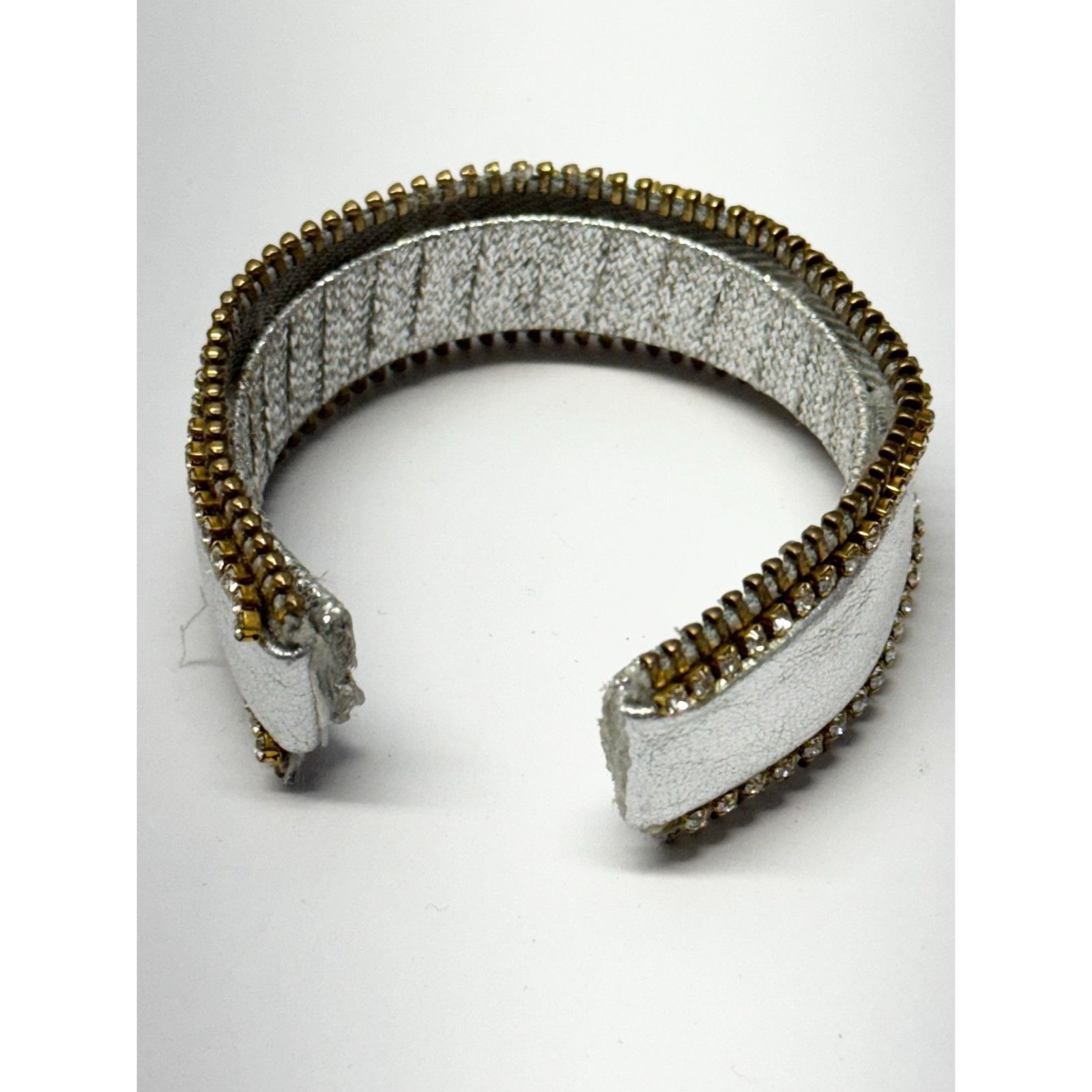 Vintage Vintage silver leather zipper rhinestone cuff bracelet Size ONE SIZE - 3 Thumbnail