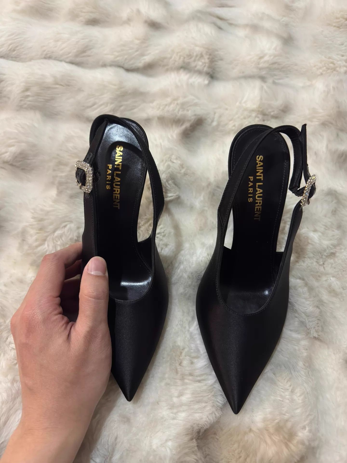 Saint Laurent Paris Saint Laurent New Black Satin Crystal Heels 37 Size US 6.5 / IT 36.5 - 8 Thumbnail