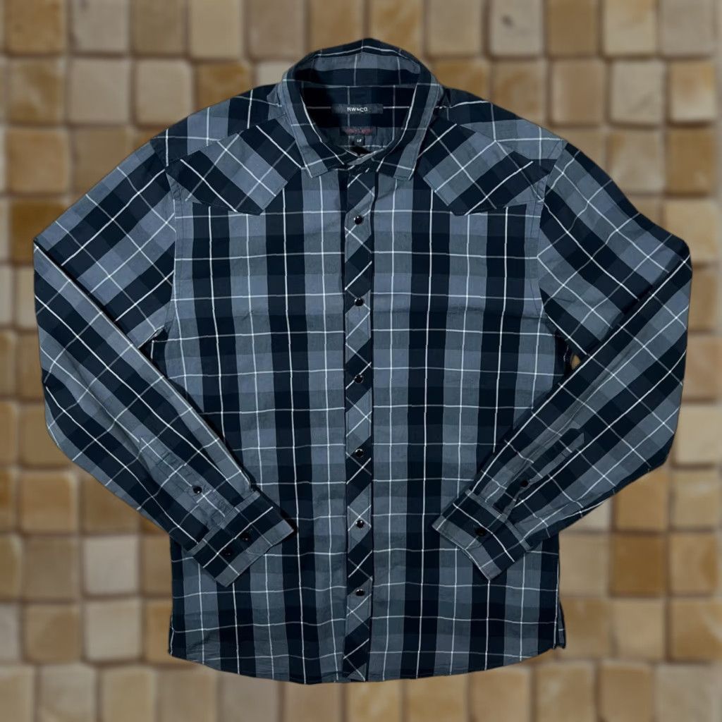 Vintage RW & Co Western Black Grey Check Long Sleeve Popper Cotton Spandex Blend Shirt Large Slim Men Button-Up Size US L / EU 52-54 / 3 - 1 Thumbnail
