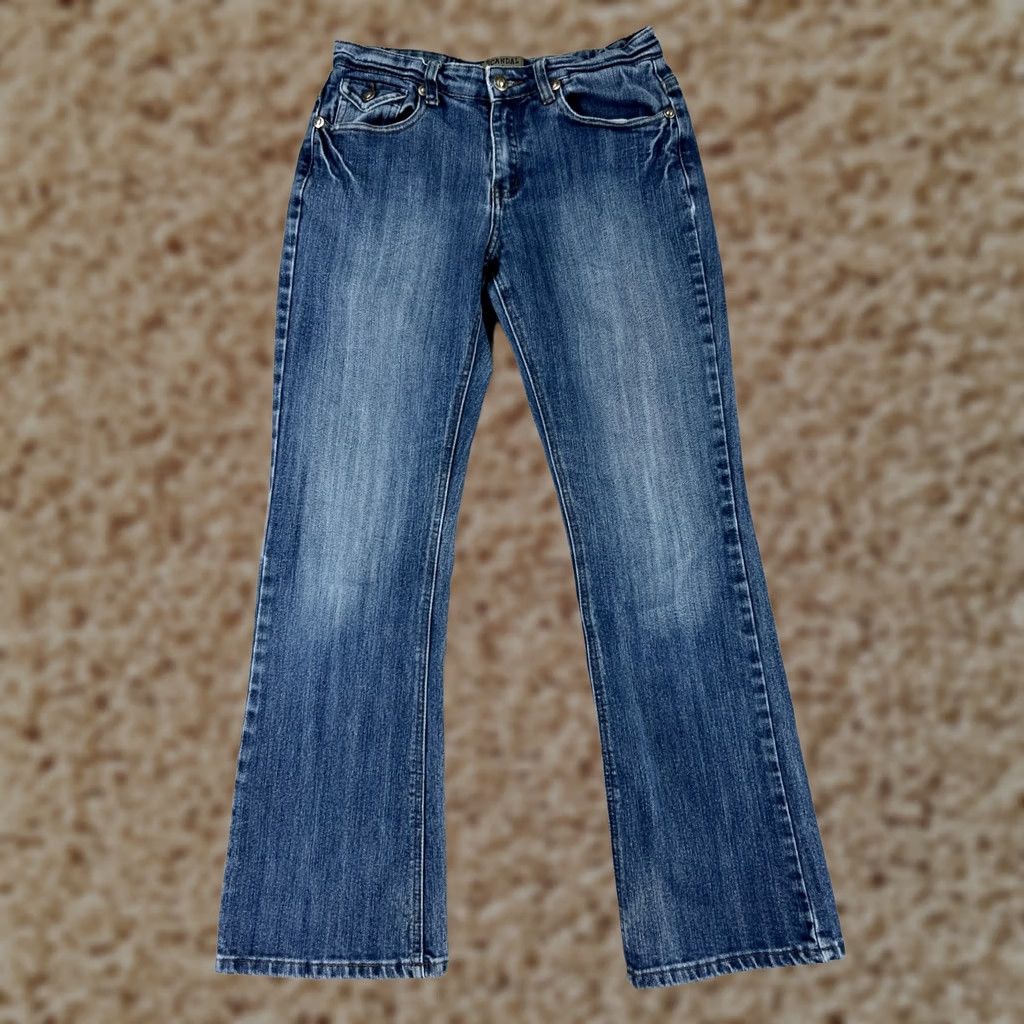 Vintage Scandal Jeans Women Bootcut Denim 5-Pocket Blue Mid Rise 28 Inseam 30 Cotton Blend Stretch Distressed Embroidered Zipper Modern Casual Womens Jeans Size 28" / US 6 / IT 42 - 1 Thumbnail