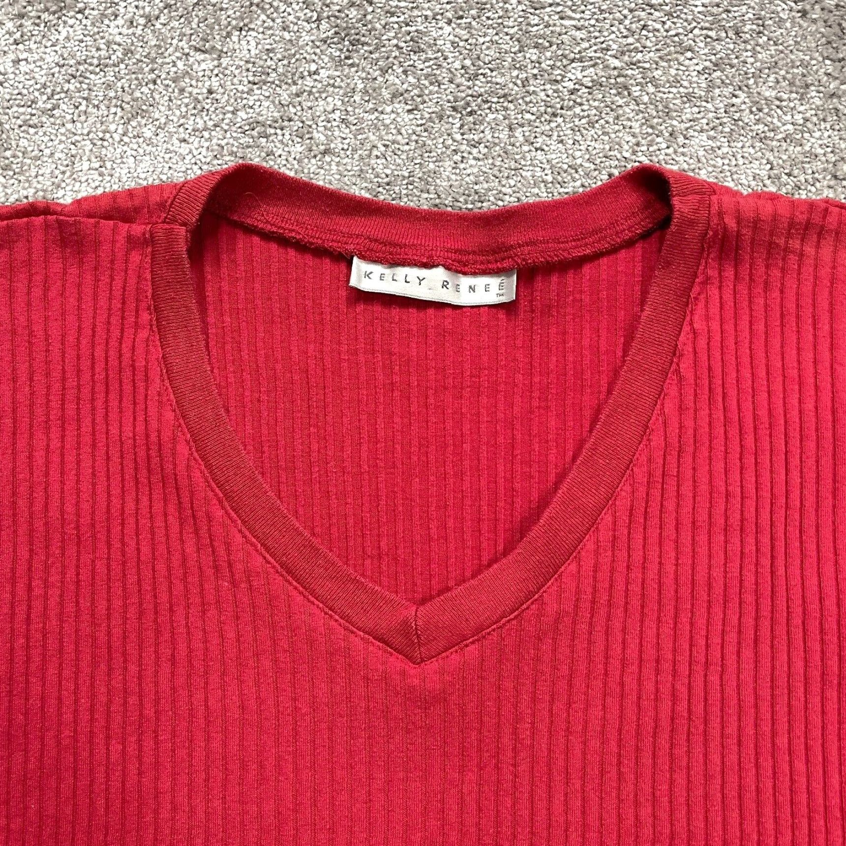 Vintage Kelly Renee Shirt Red 2X Womens Ribbed V Neck Casual Short Sleeve Soft Ladies Size XXL / US 16-18 / IT 52-54 - 3 Thumbnail