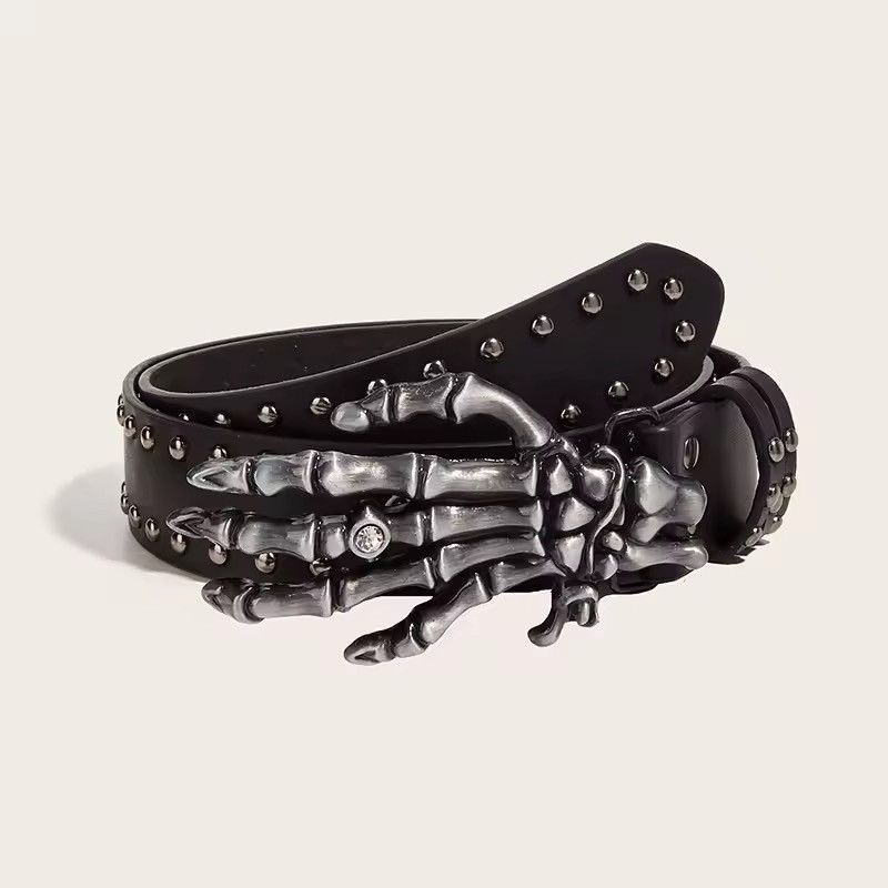 Vintage Black PU Leather Studded Belt with Skeleton Hand Buckle Size ONE SIZE - 6 Thumbnail