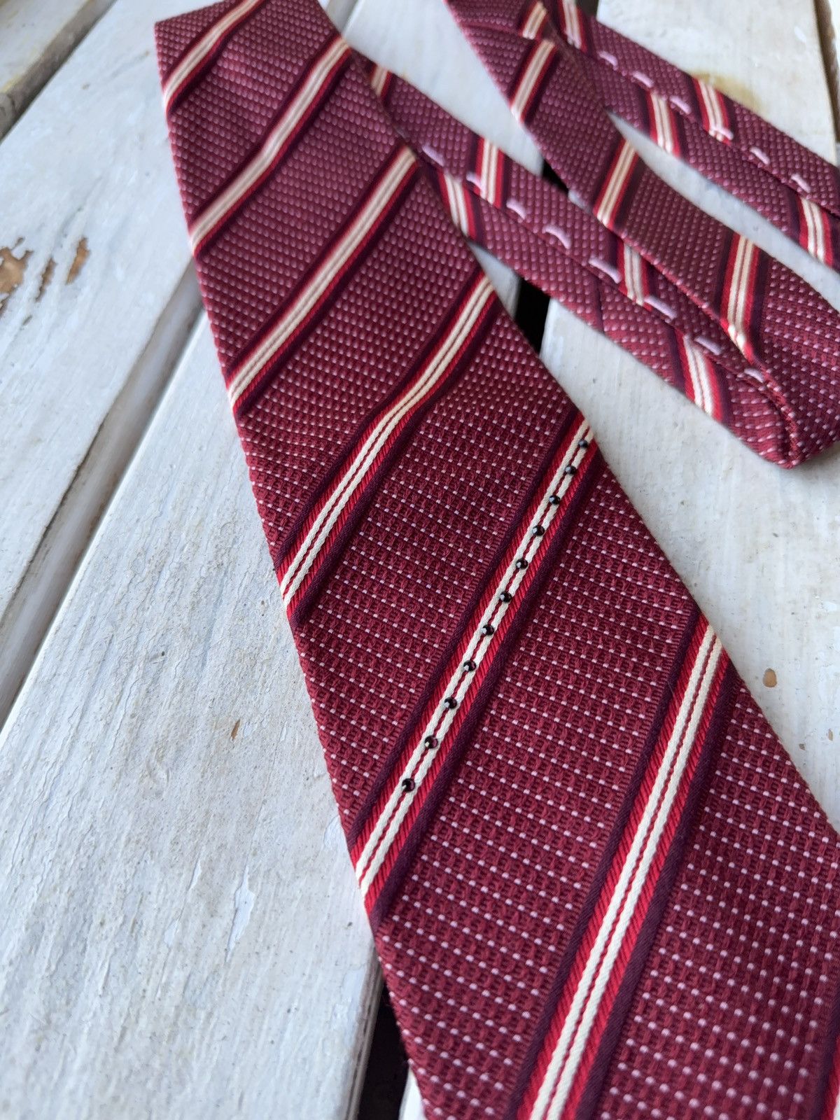 Designer × Swarovski Swarovski Burgundy Striped Tie – 100% Silk Classic Size ONE SIZE - 4 Thumbnail