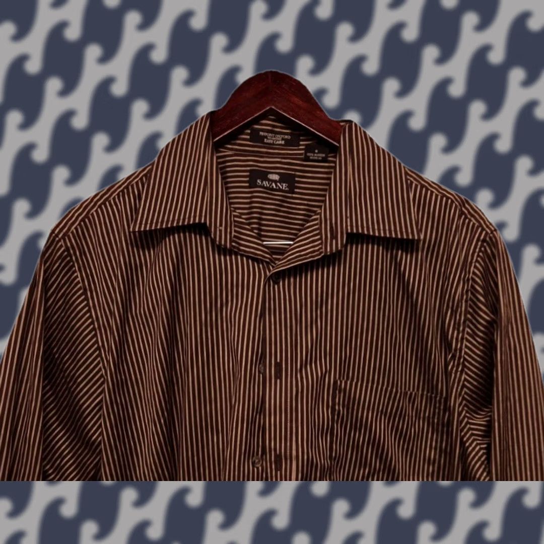 Savane Savane Pinpoint Oxford Shirt Men’s Large Brown Stripe 100% Cotton Easy Care Size US L / EU 52-54 / 3 - 1 Thumbnail