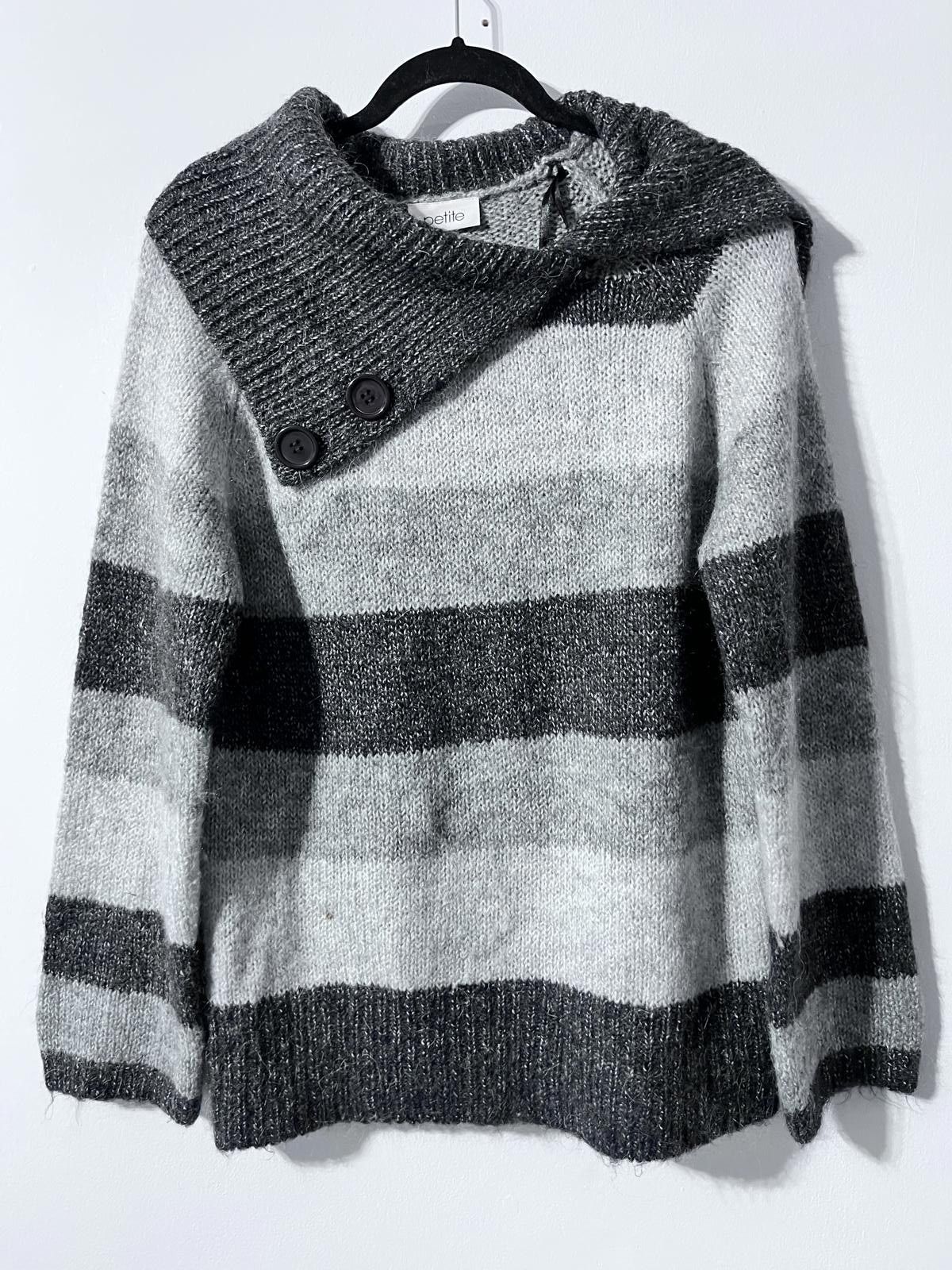 Other BHS Petite Grey & Black Striped Button-Neck Jumper – Size 12 Size M / US 6-8 / IT 42-44 - 1 Thumbnail