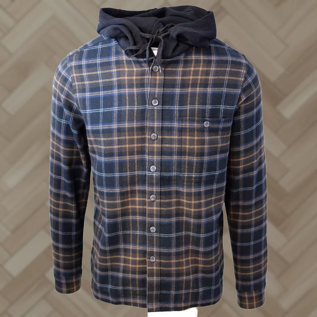 Cherokee Cherokee Men's Plaid Hooded L/S Flannel Shirt S Navy & Brown Size US S / EU 44-46 / 1 - 1 Thumbnail