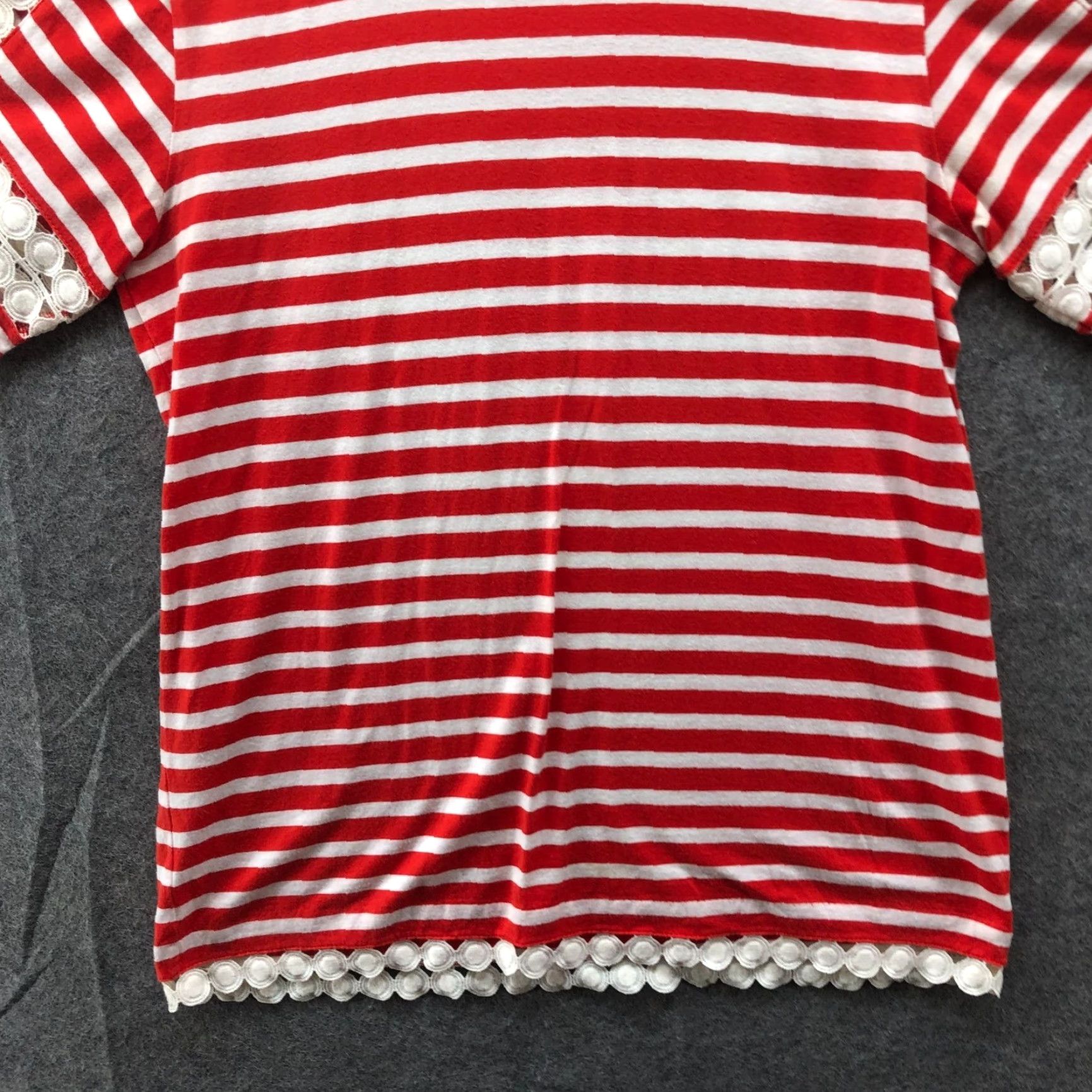 J.Crew VINTAGE J. Crew Crochet T Shirt Womens XXS Red White Striped Crewneck Scallop Hem Size XXS / US 00 / IT 34 - 4 Thumbnail
