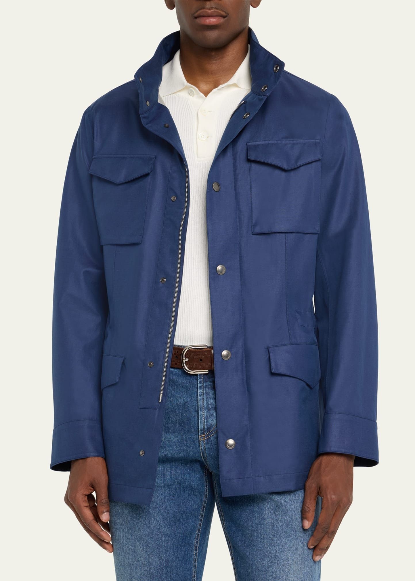 Brunello Cucinelli o1w1db10725 Linen Silk Concealed Zip Safari Jacket in Blue Size US M / EU 48-50 / 2 - 2 Thumbnail