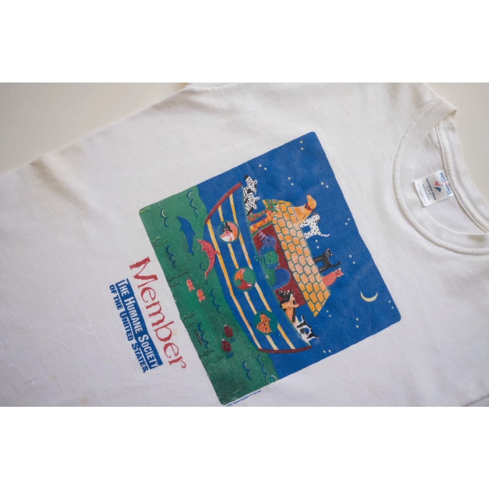 Fruit Of The Loom VINTAGE Fruit of the Loom T-Shirt Shirt Mens L White 90s Animals Noah Ark Graphic Size US L / EU 52-54 / 3 - 5 Thumbnail