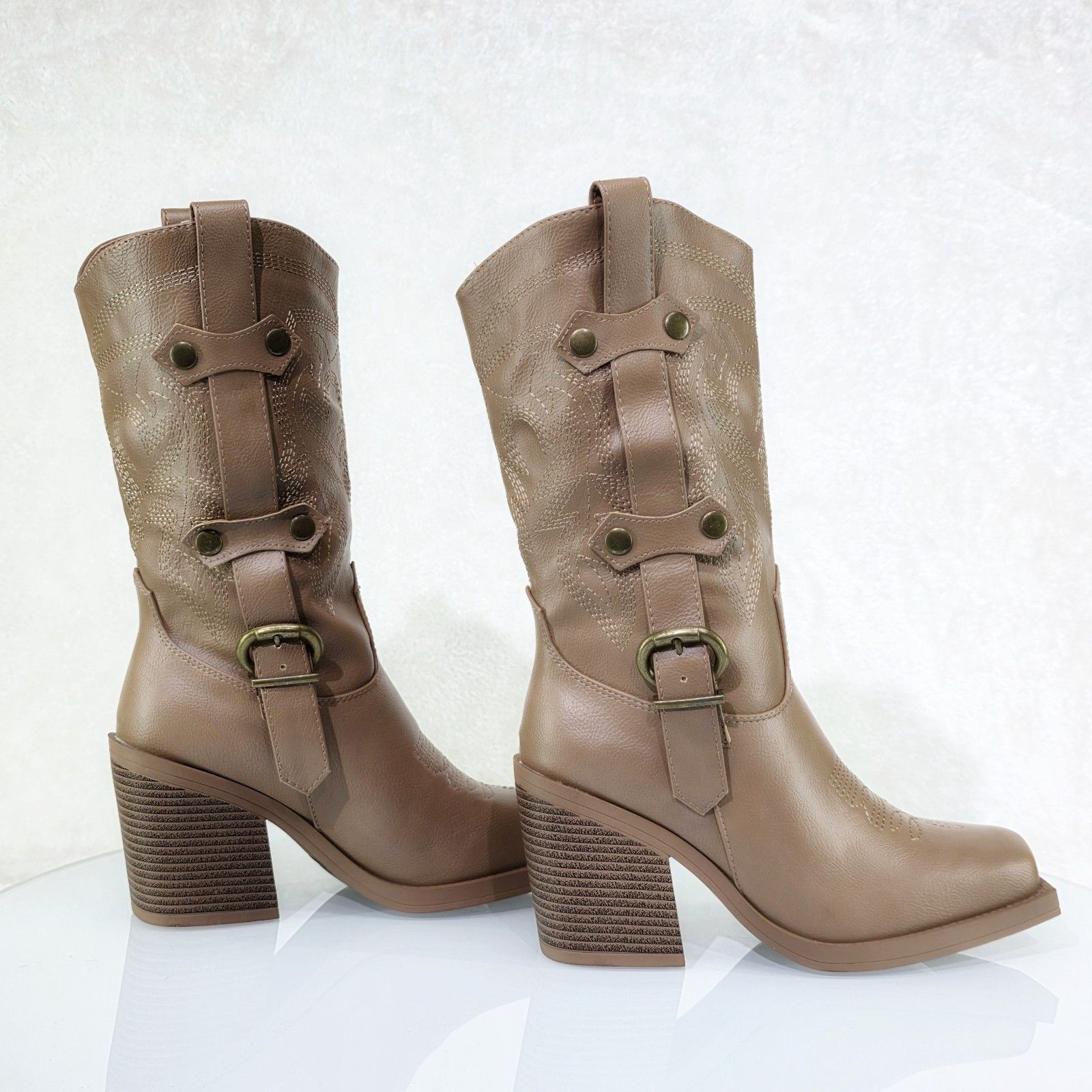 Glide Taupe Vegan Leather Biker Western Mid Calf Boots (US S