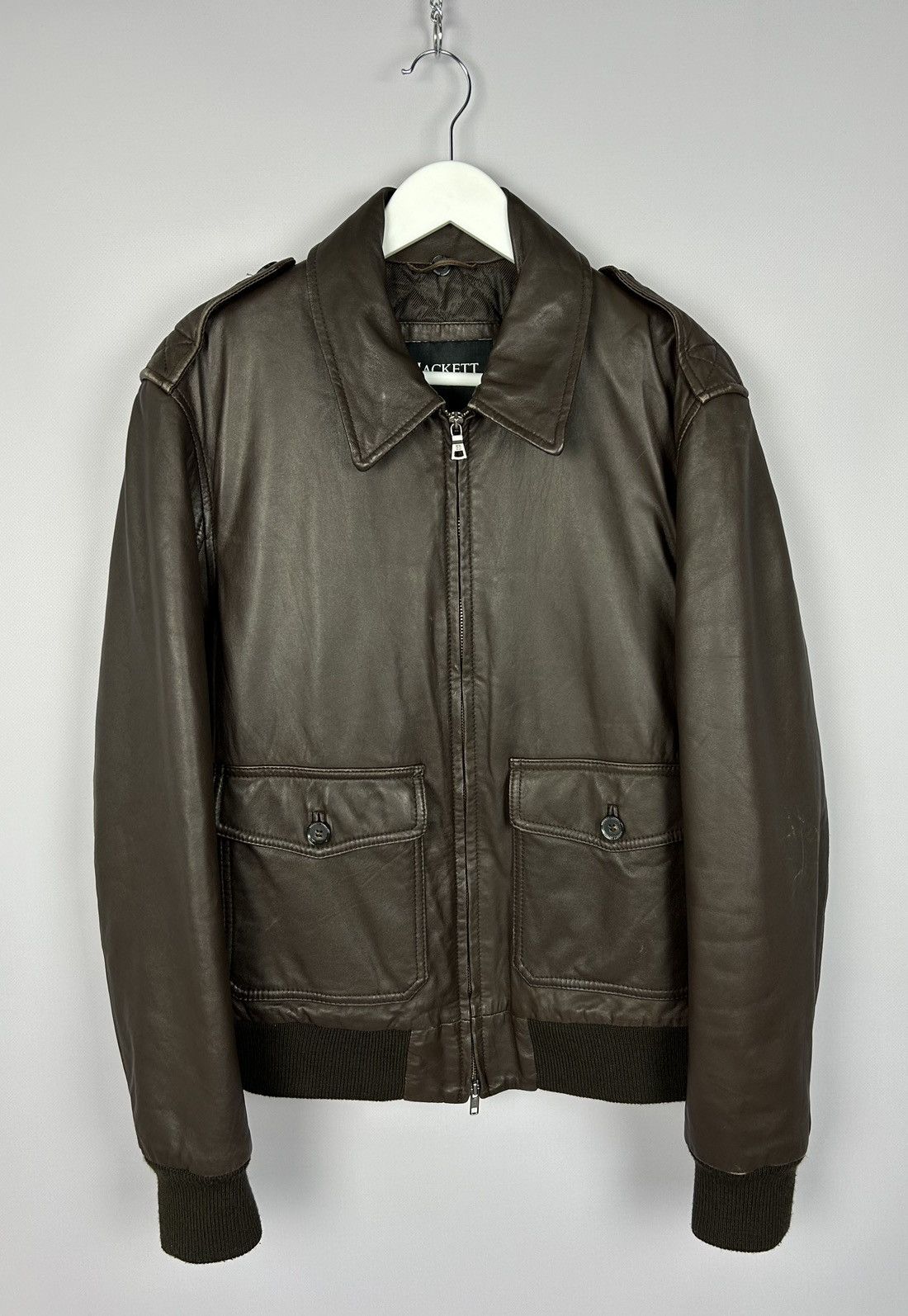 image of Hackett Leather Brown Bomber Jacket Size M, Men's