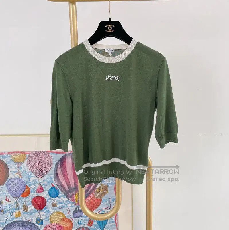 Loewe Green Wool Short Sleeve Knit Top .