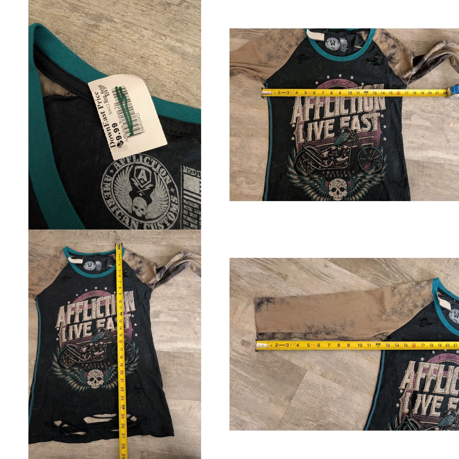 Affliction VINTAGE Affliction Shirt Motorcycle Skull Distressed Tie Dye Crew Neck Long Sleeve Womens M Black Graphic Print Pullover 90s Biker Style Size M / US 6-8 / IT 42-44 - 8 Thumbnail