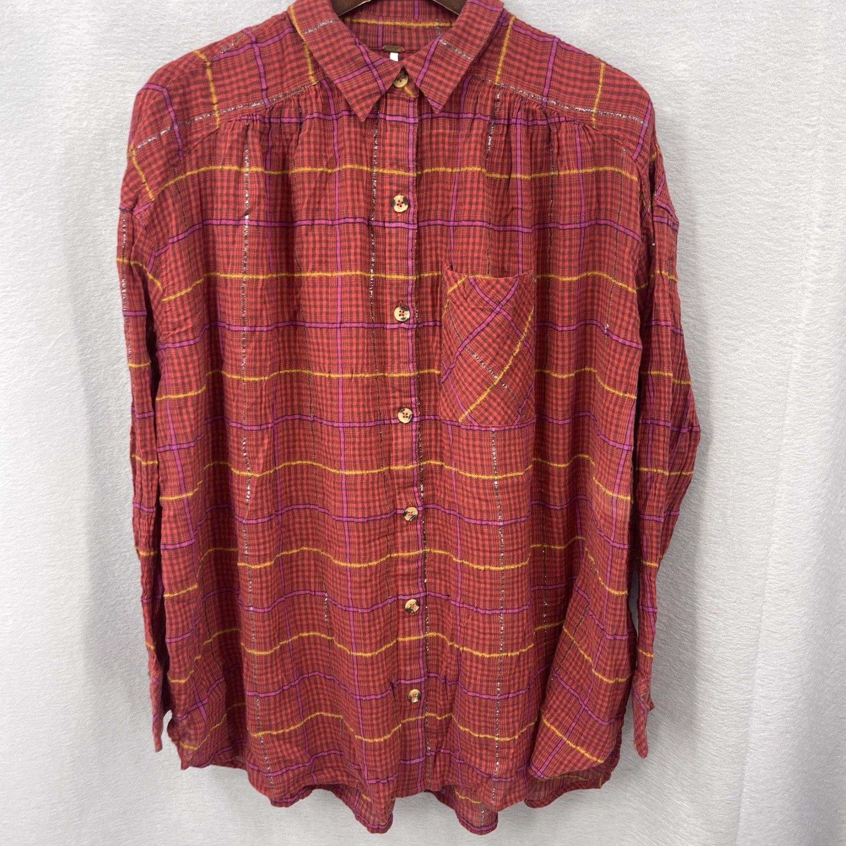 Free People Free People Shirt Womens M Plaid Oversized Button-Up x Bohemian Grunge Casual Fall Winter Spring Summer Red Size M / US 6-8 / IT 42-44 - 2 Thumbnail
