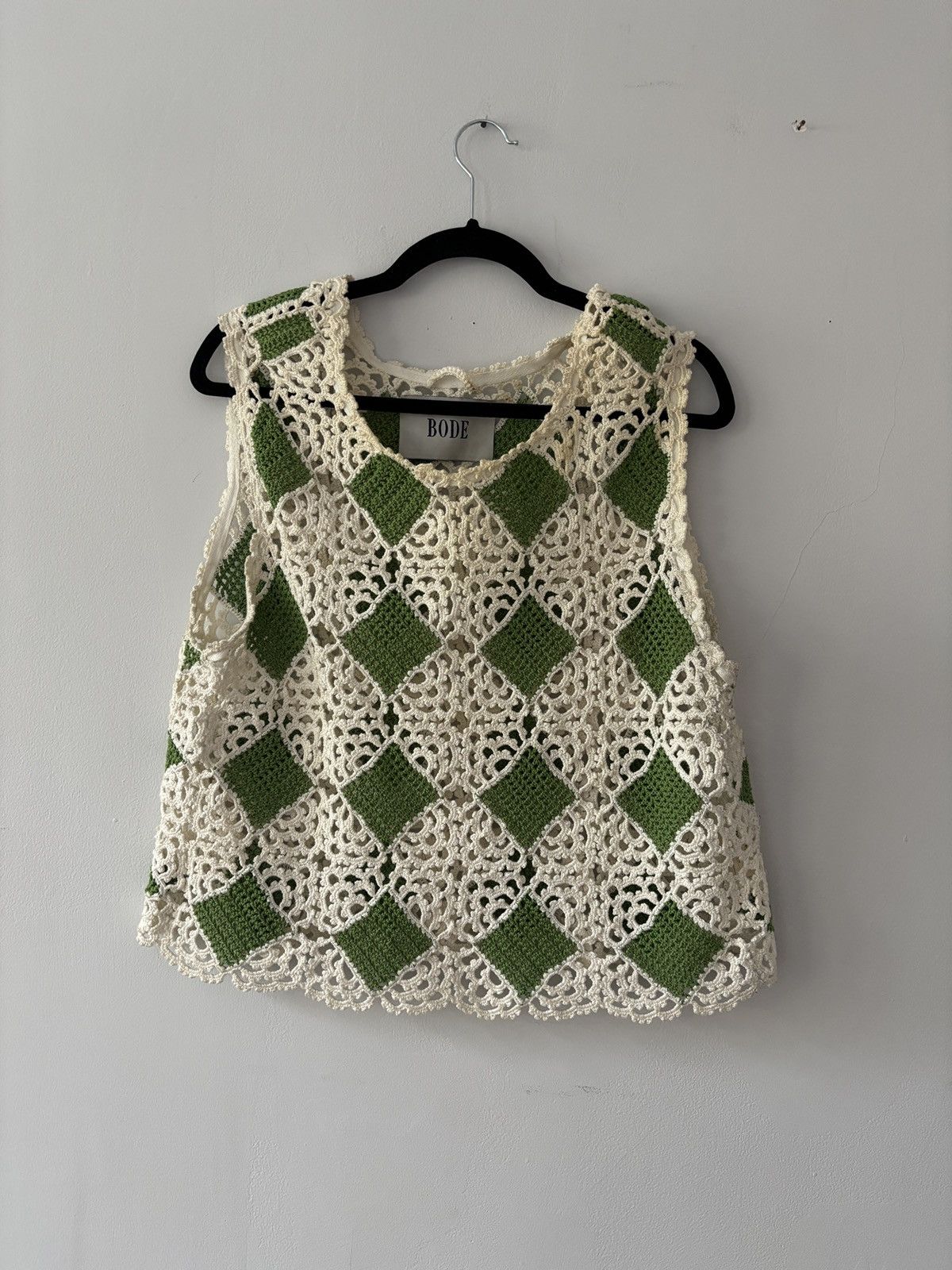 Bode Tank Top White & Green Diamond Crochet