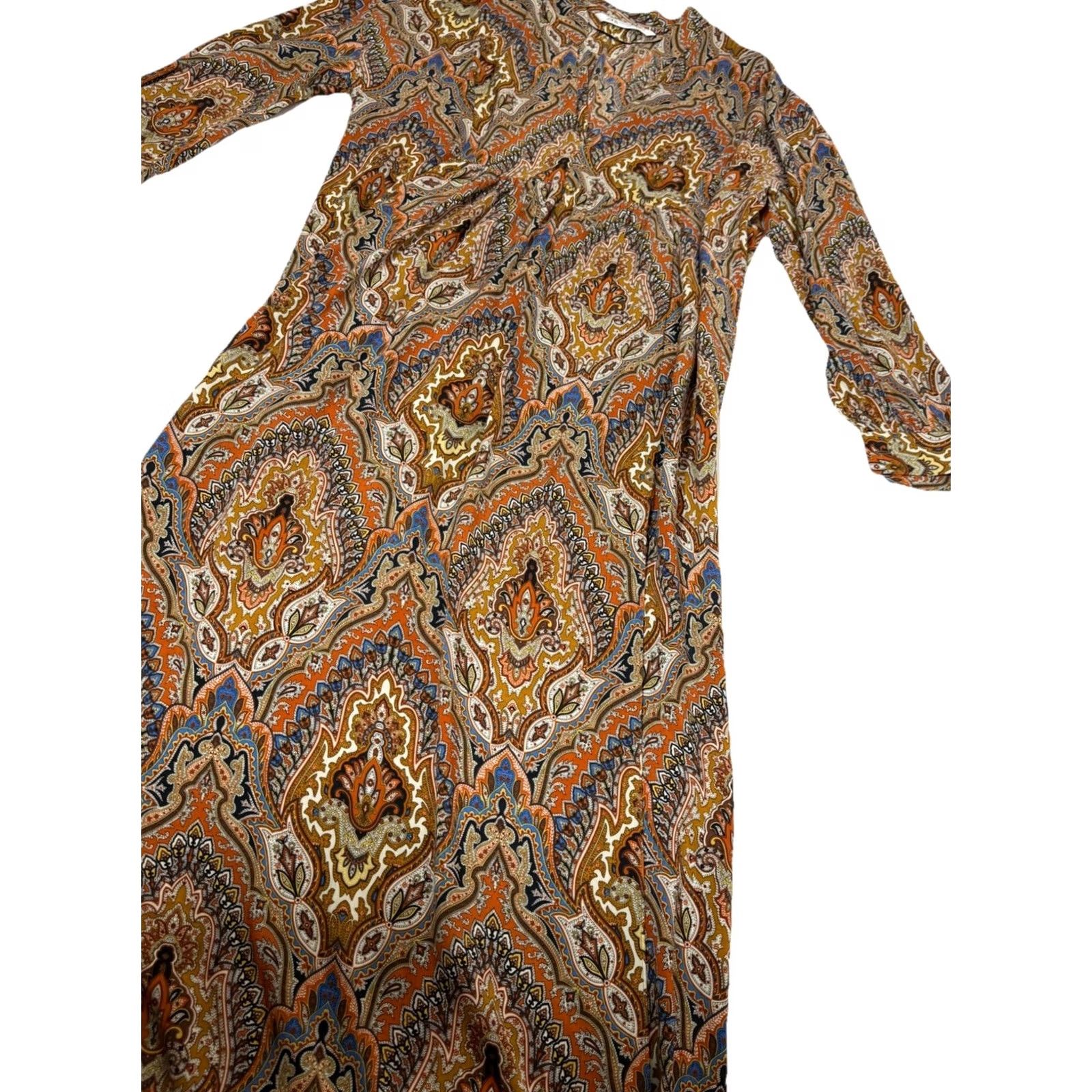 Zara Zara Bohemian Print Paisley Maxi Dress Ocher Side Slit Tunic USA XS-S Women Maxi Dress Brown Paisley Bohemian Shirt Dress Womens Size S / US 4 / IT 40 - 3 Thumbnail