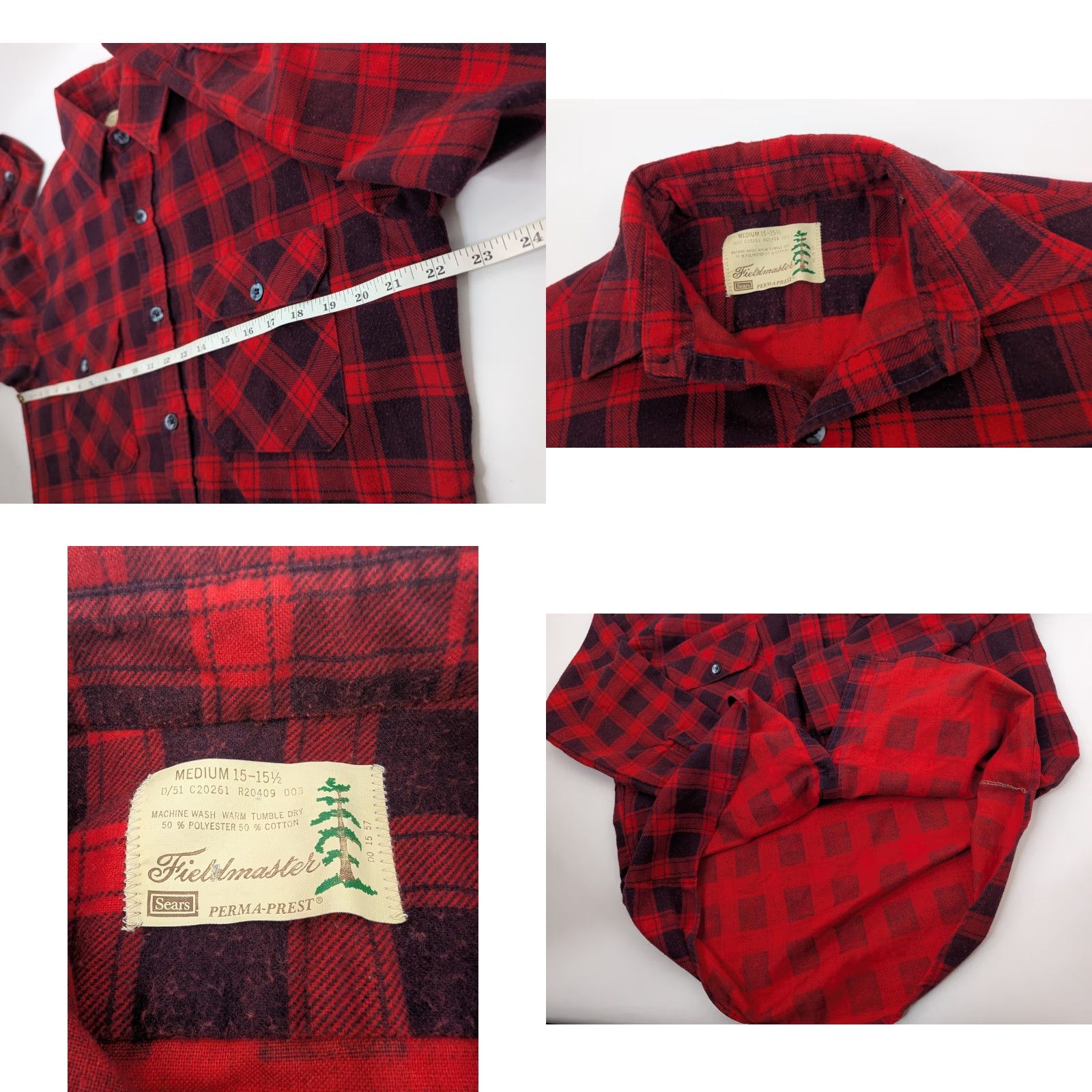 Sears VINTAGE Fieldmaster Shirt Mens M Red Plaid Flannel 70s Easy Care Lined Pattern Cotton Polyester Button-Up Size US M / EU 48-50 / 2 - 8 Thumbnail