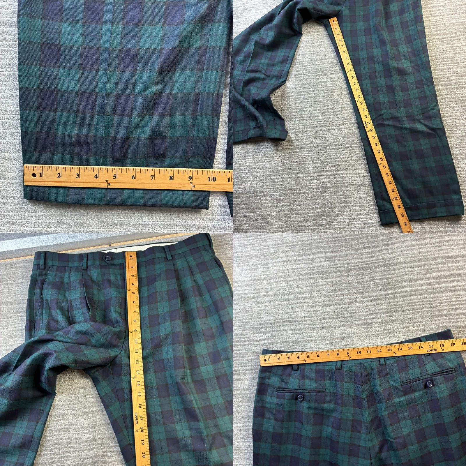 Vintage Paul Fredrick Pants Mens 39 Green Blue Tartan Plaid Pleated Wool Chino Straight Classic Casual Formal Dressy 5-Pocket Zipper Button Inseam 30in Size US 39 - 8 Thumbnail