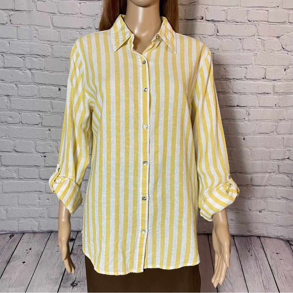 Other NWT New Sigrid Olsen Linen Blend Long Sleeve Yellow White S Size M / US 6-8 / IT 42-44 - 2 Thumbnail