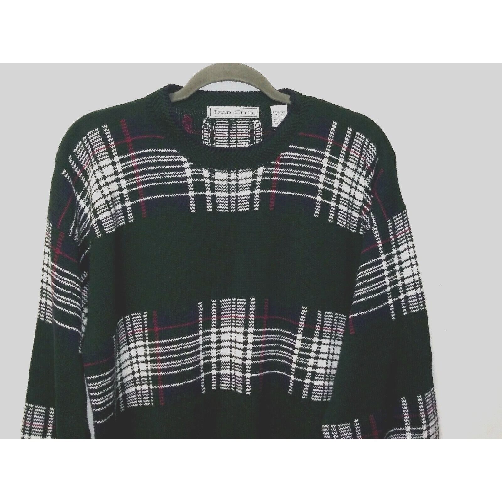 Izod IZOD Mens Sweater plaid Pullover Sz L green white long sleev Size US L / EU 52-54 / 3 - 4 Thumbnail