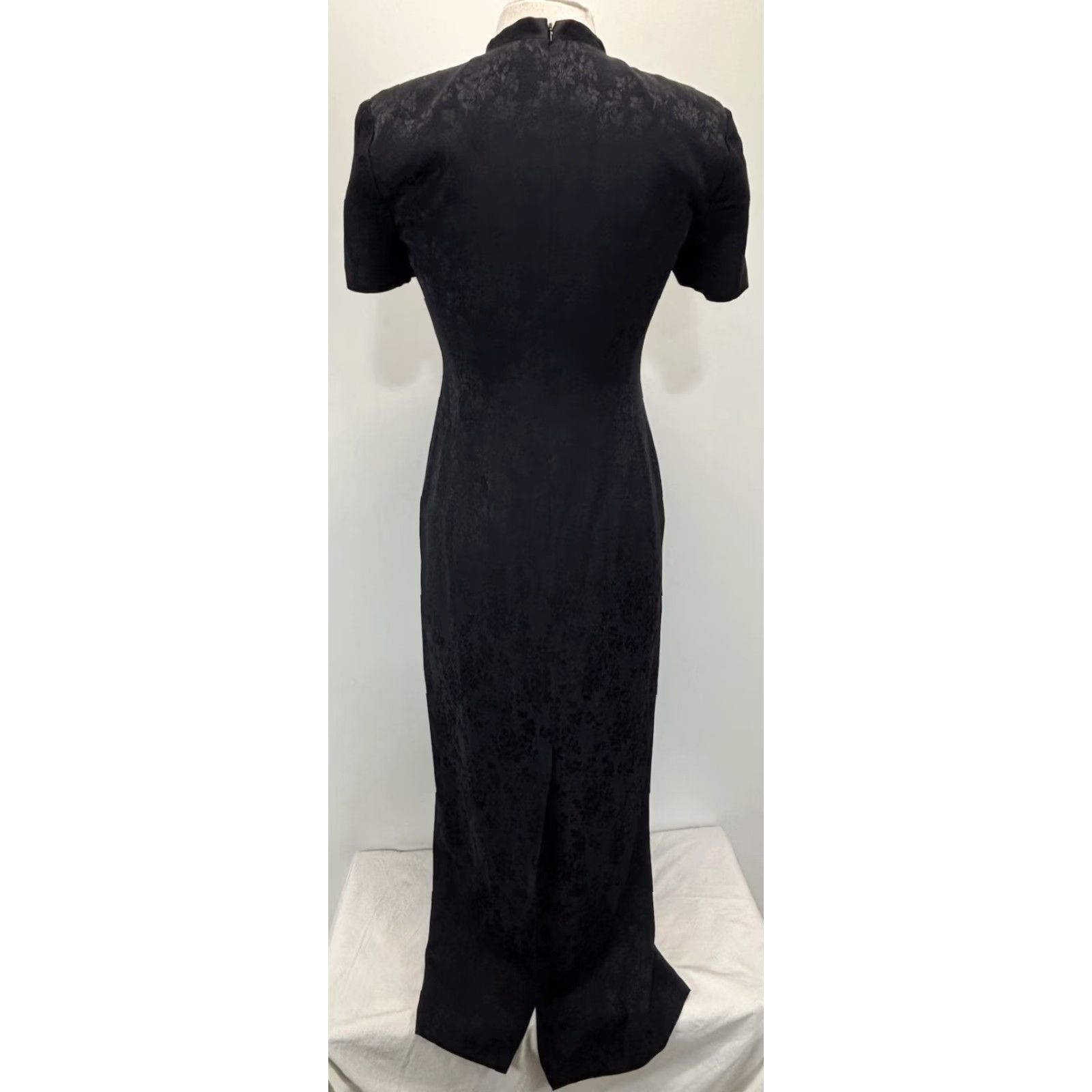 Vintage Dana Buchman Dress Maxi Women’s Dark Navy Floral Jacquard Fitted Asian Sz 4 Long V-Neck Party Cocktail Wedding Size S / US 4 / IT 40 - 3 Thumbnail