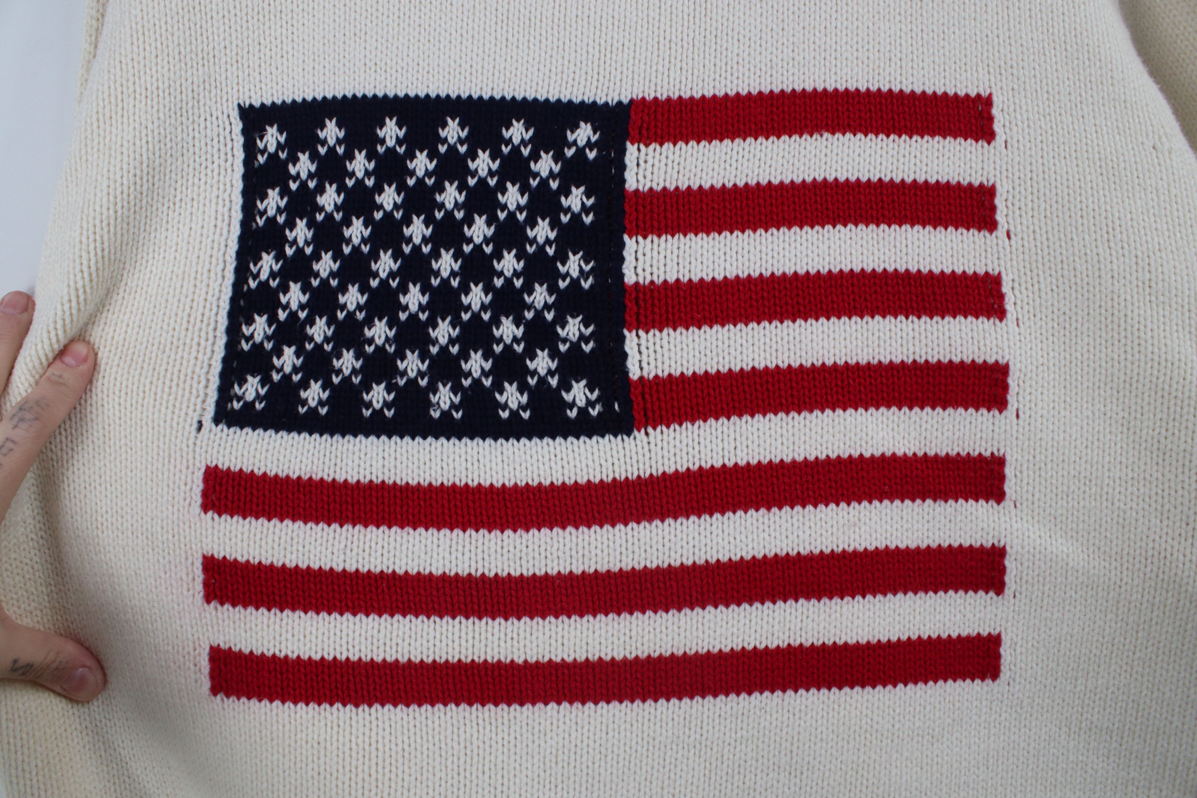 Vintage Vintage 90s Streetwear Flag Cotton Knit Sweater Cream USA Size XL / US 12-14 / IT 48-50 - 4 Thumbnail