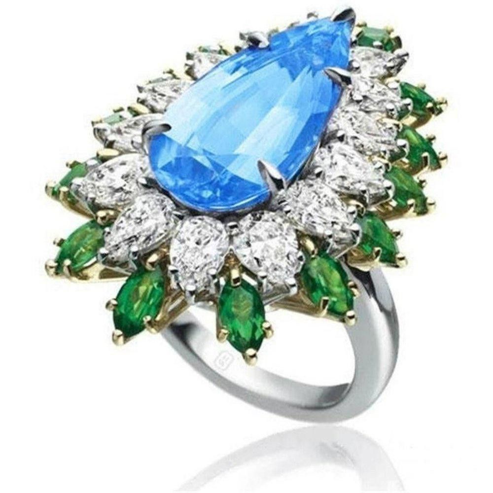 Designer 25mm Pear Cut Blue Water Drop Topaz Flower Ring - Size 6 Size ONE SIZE - 3 Thumbnail