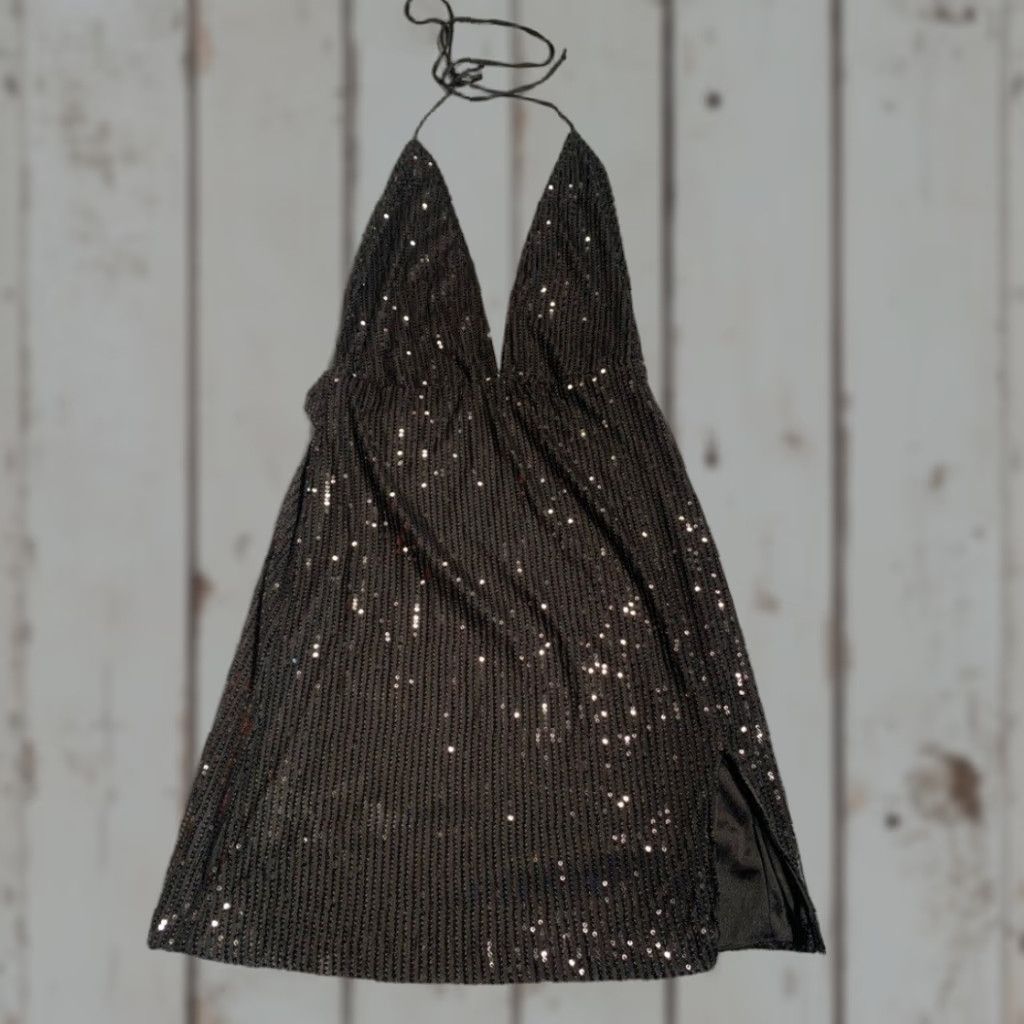 Vintage Motel Rocks Black Sequin Mini Dress L Women Regular Short Size Large Size L / US 10 / IT 46 - 1 Thumbnail