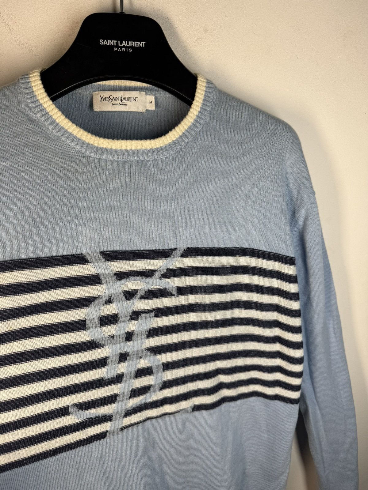 Yves Saint Laurent Blue YSL Sweater Knit Light Big Logo Size US M / EU 48-50 / 2 - 14 Thumbnail