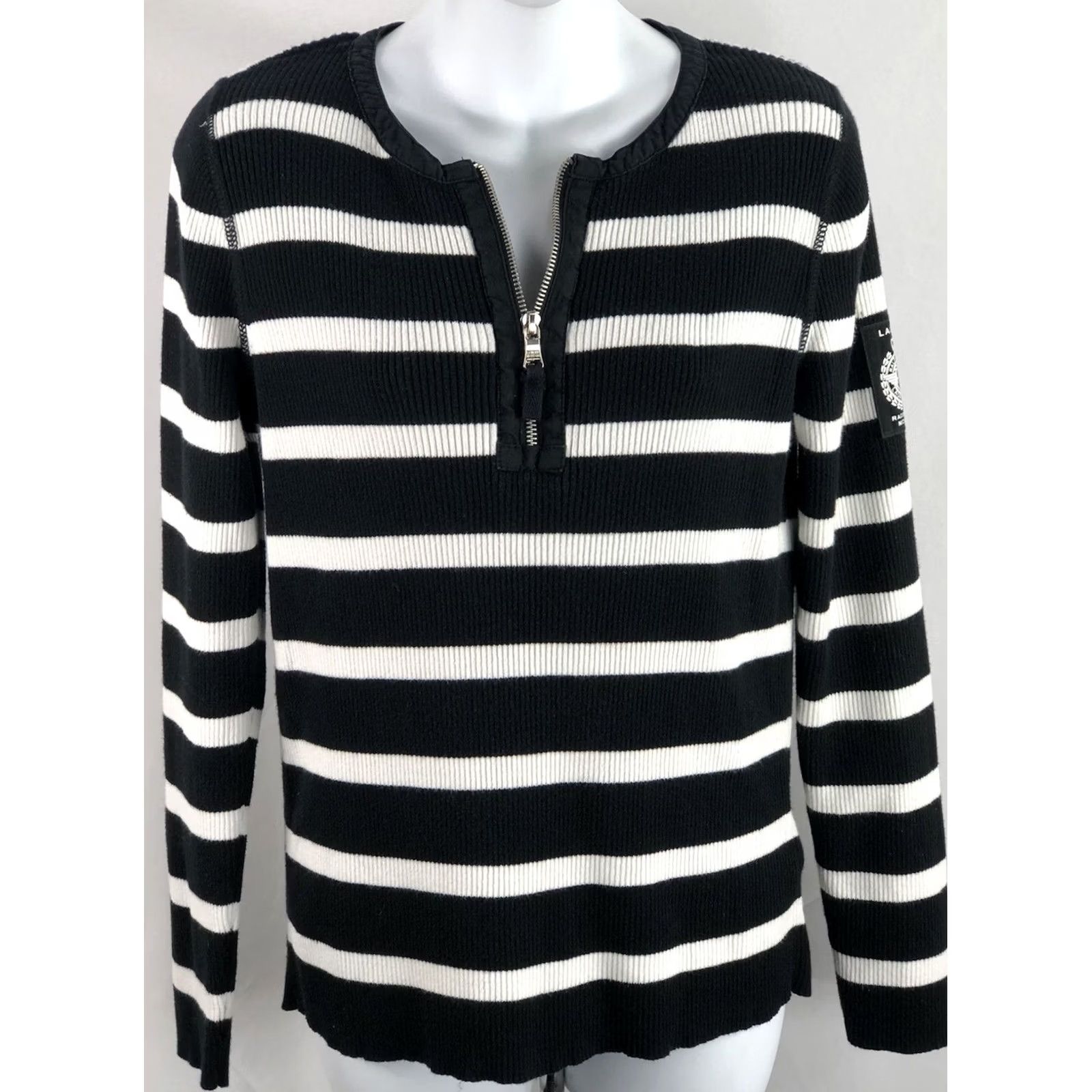 Ralph Lauren VINTAGE Ralph Lauren Sweater L Blk/Wht Stripe 1/2 Zip Henley Racing Team Patch Shirt Womens Size L / US 10 / IT 46 - 4 Thumbnail
