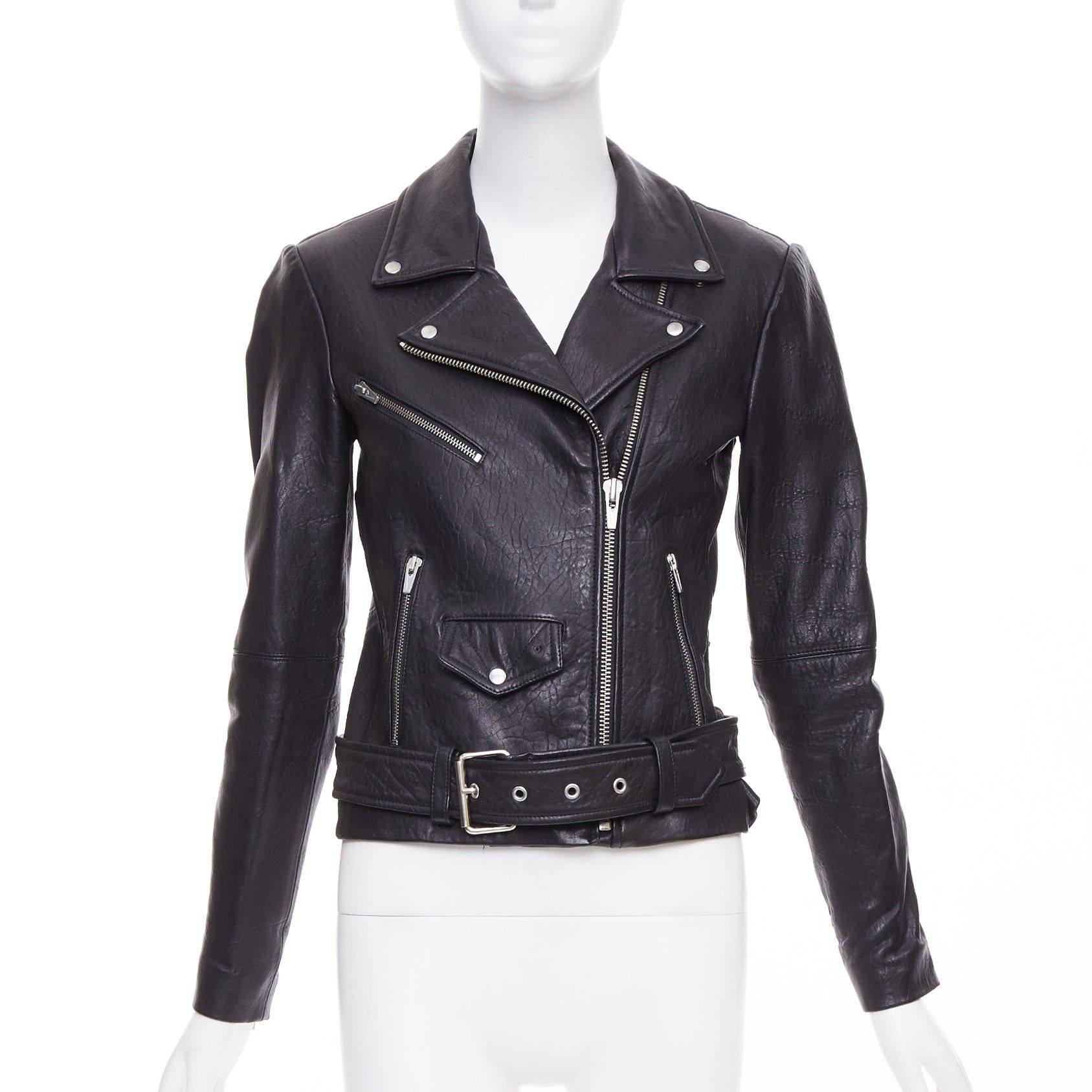 VEDA VEDA black lamb leather silver hardware zip moto biker jacket XS Size S / US 4 / IT 40 - 1 Thumbnail