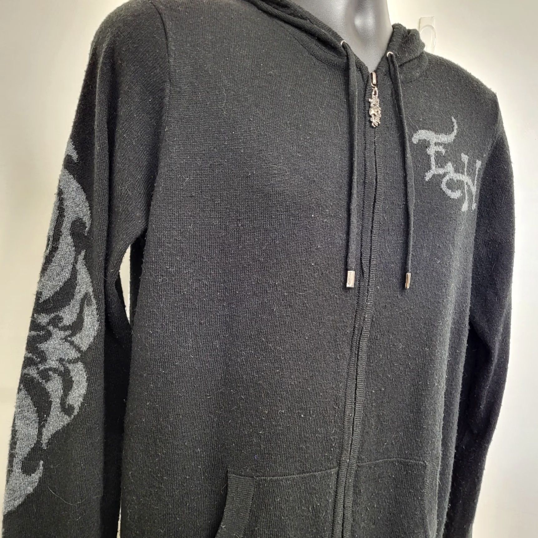 Ed Hardy Ed Hardy x Christian Audigier Men L Hoodie ZipUp Full Zip Graphic Print Skull Logo Black Knit 50% Cotton Blend Lambswool Alpaca Size US L / EU 52-54 / 3 - 6 Thumbnail